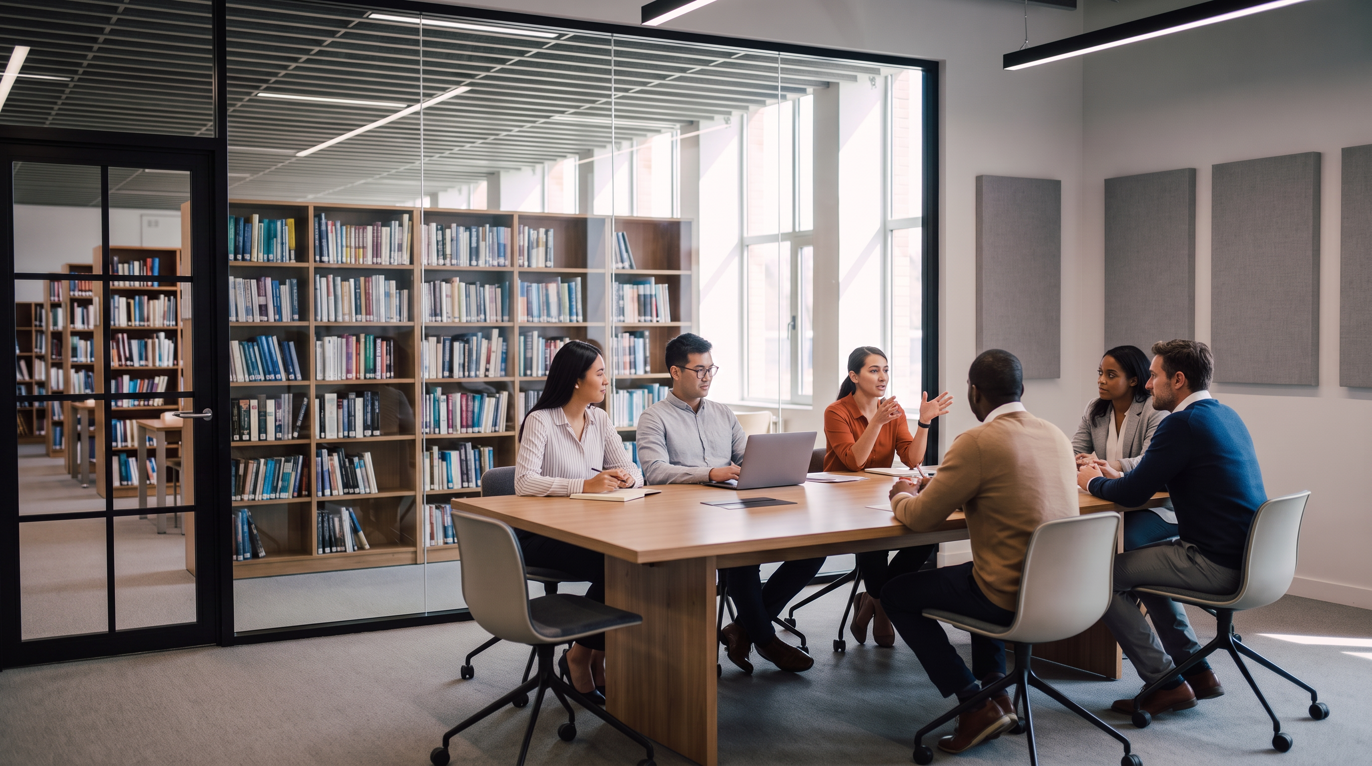 Colleagues in discussion around a table in a glass-walled private meeting room inside a library, door closed, laptop open.