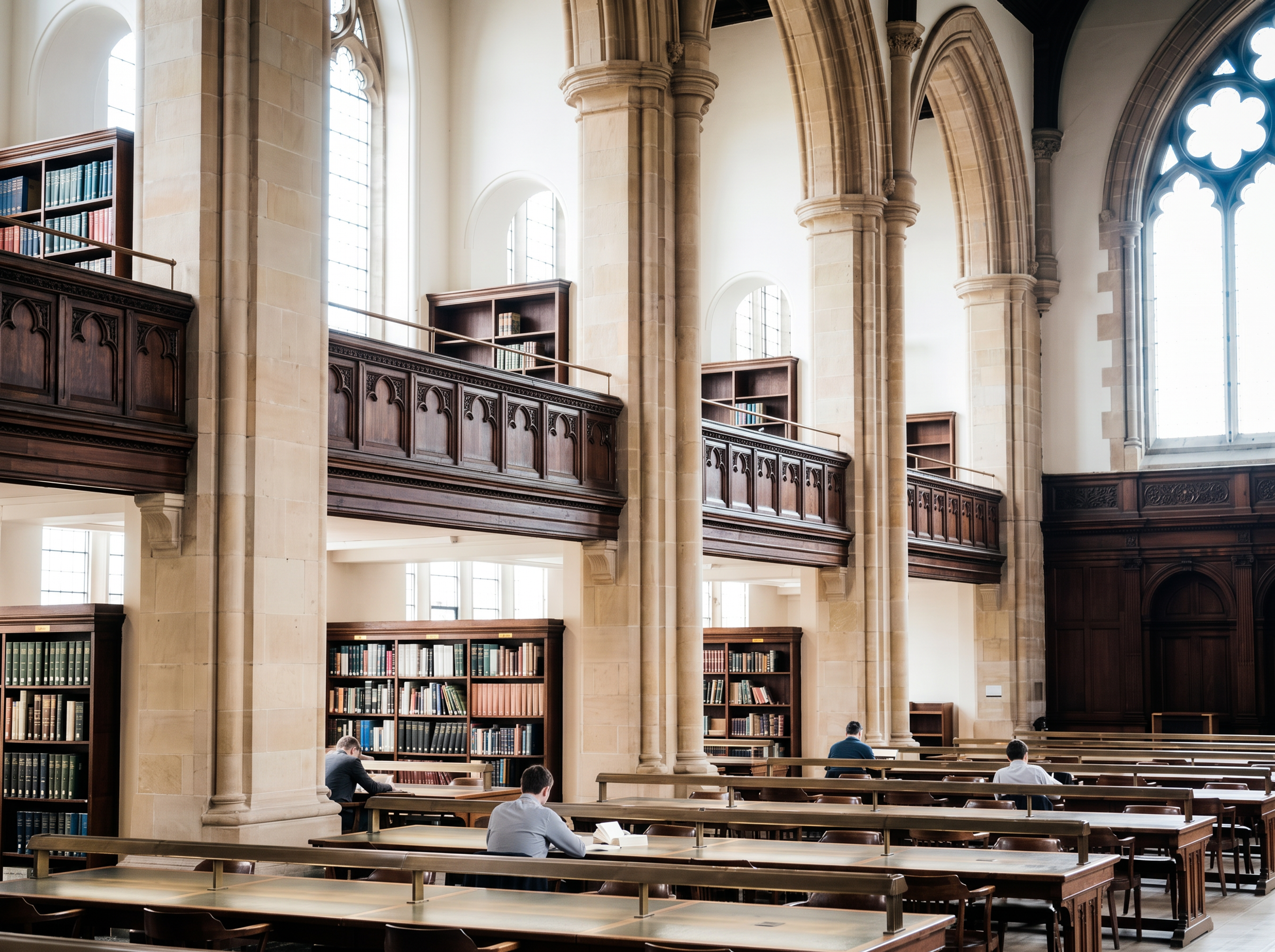 People working in a quiet gothic style library.