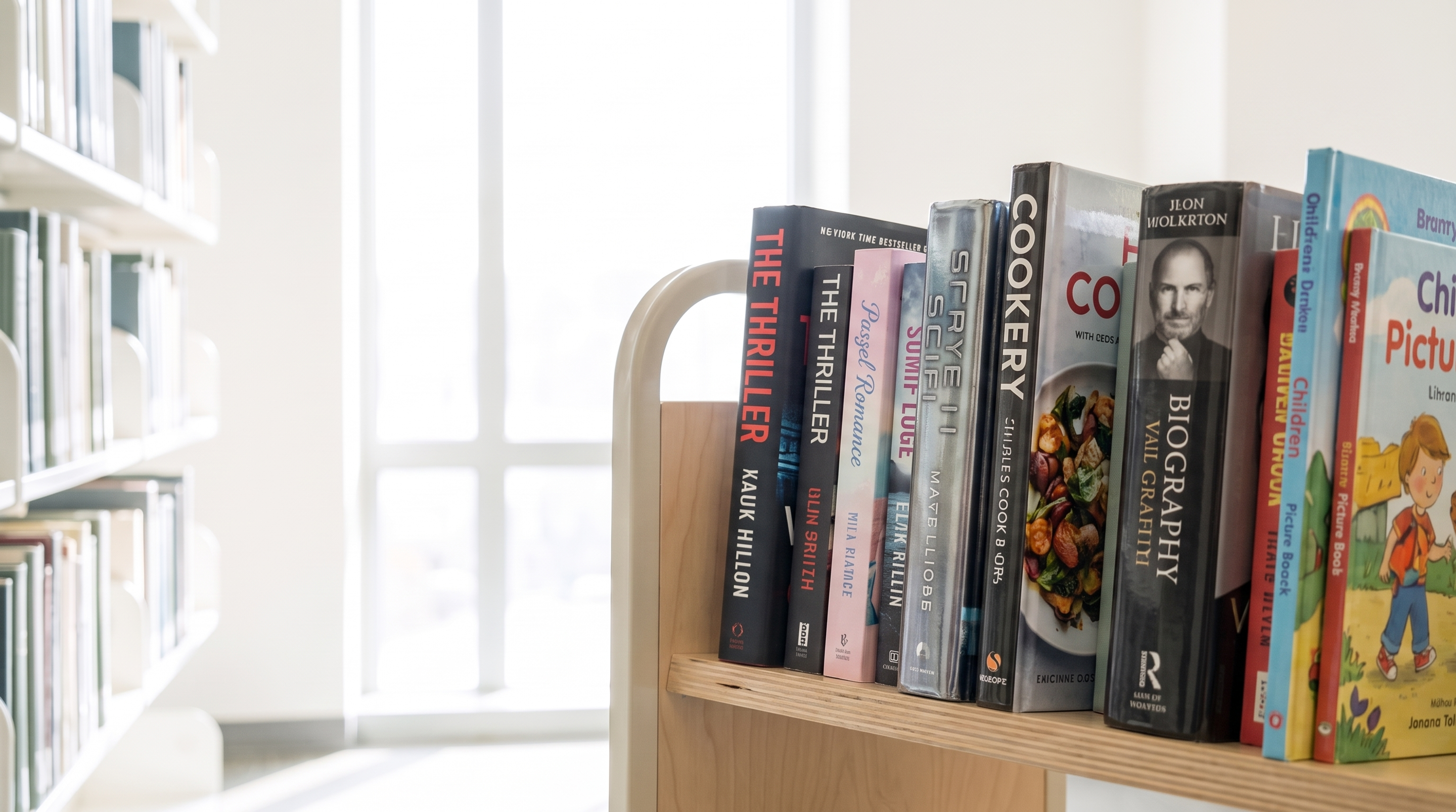 A mixed-genre run of library books on a bookcart.