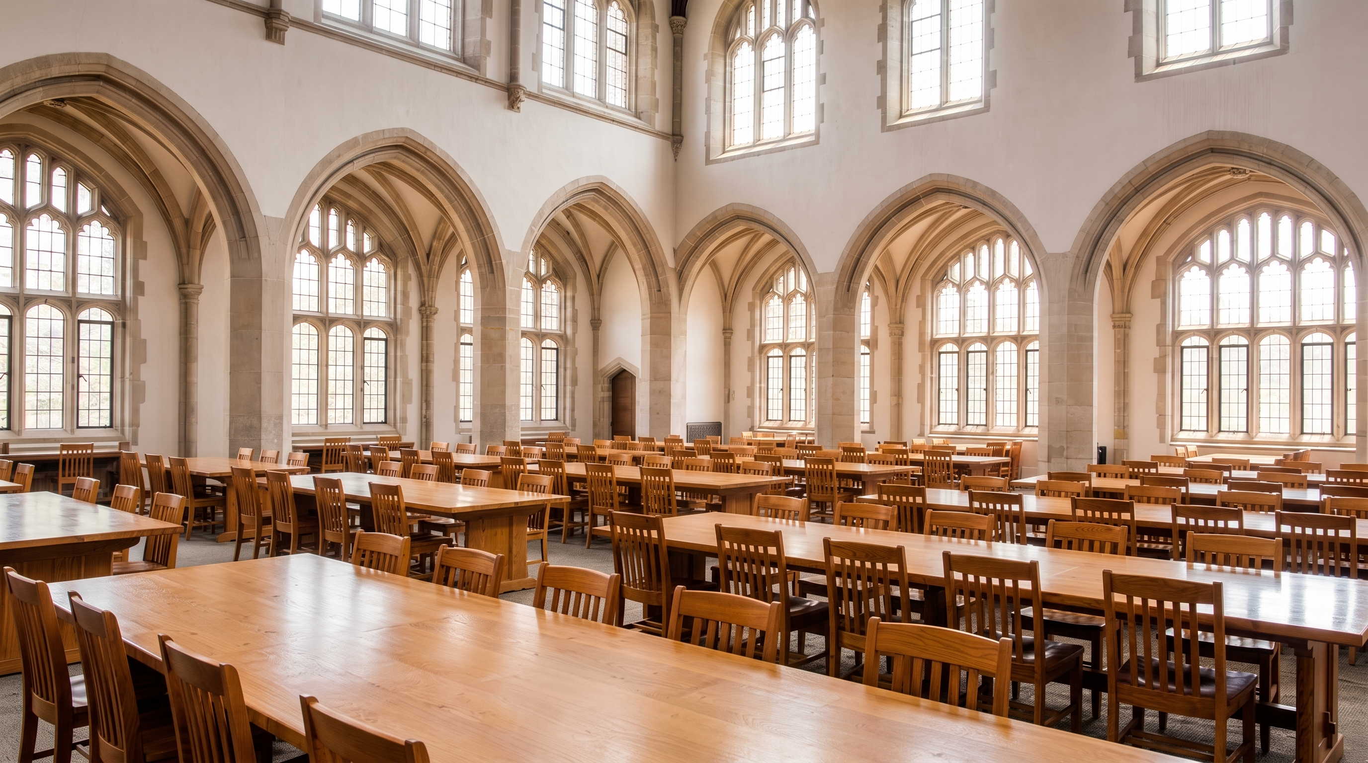 An empty academic library featuring large windows and clean tables and chairs.