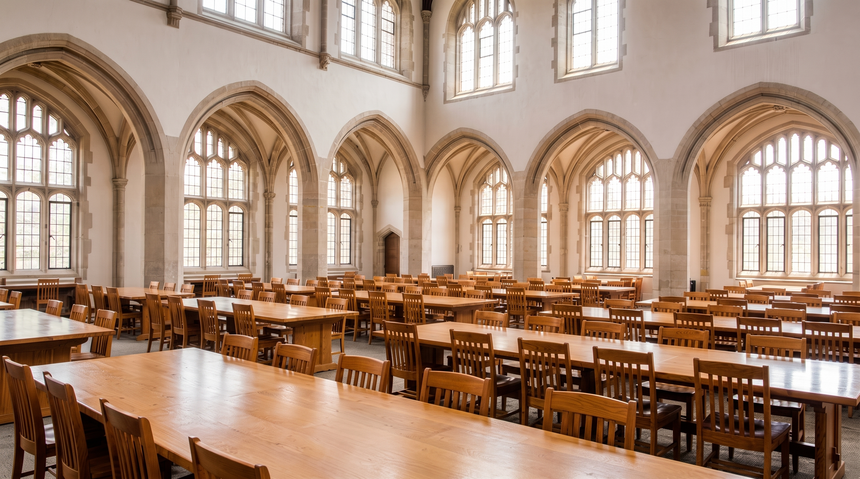 An empty academic library featuring large windows and clean tables and chairs.