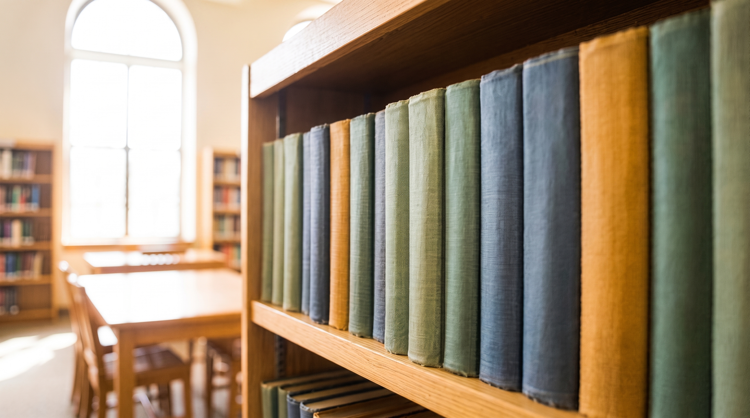 Core academic texts stand face-out on a library shelf, spines and covers clearly lit.