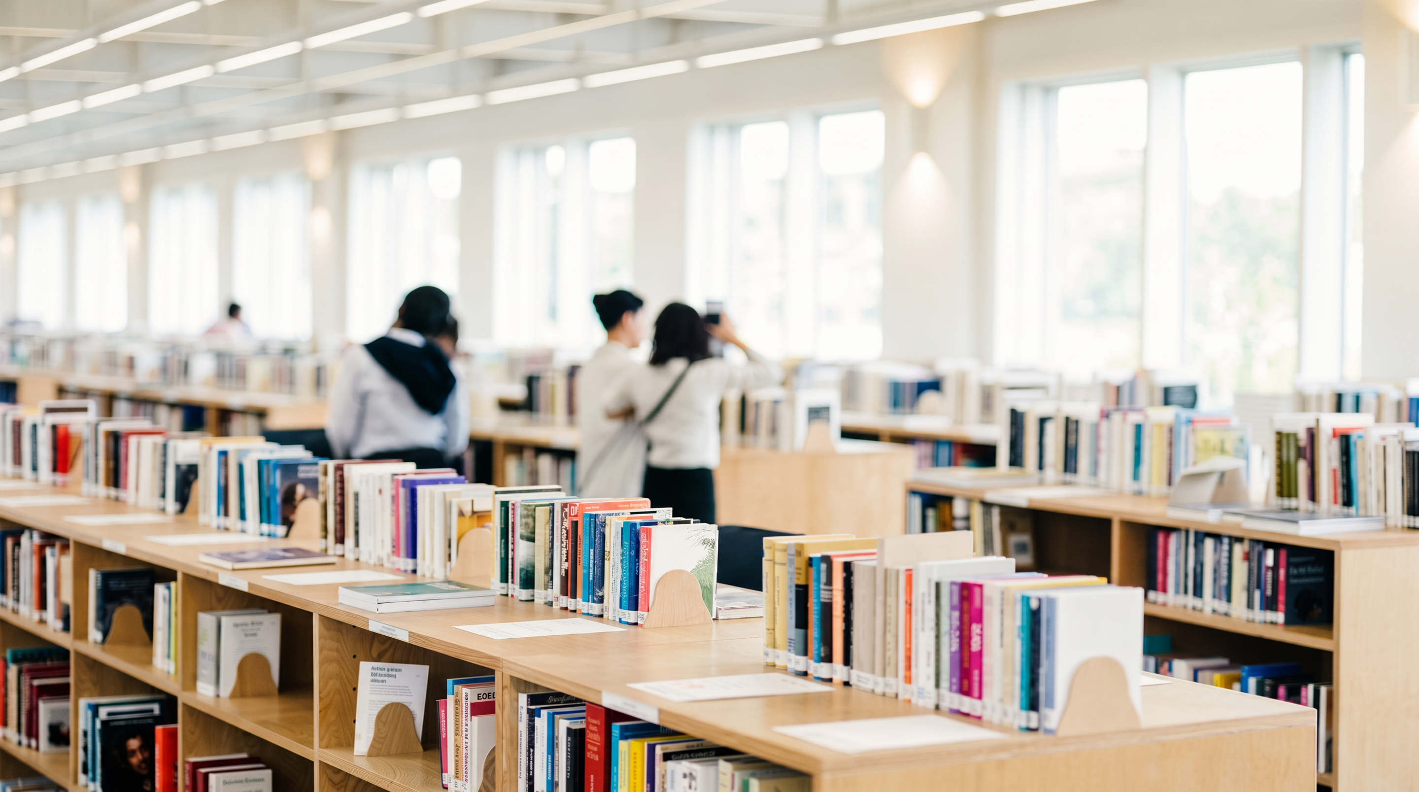 A bright library display of books and visitors browsing behind.