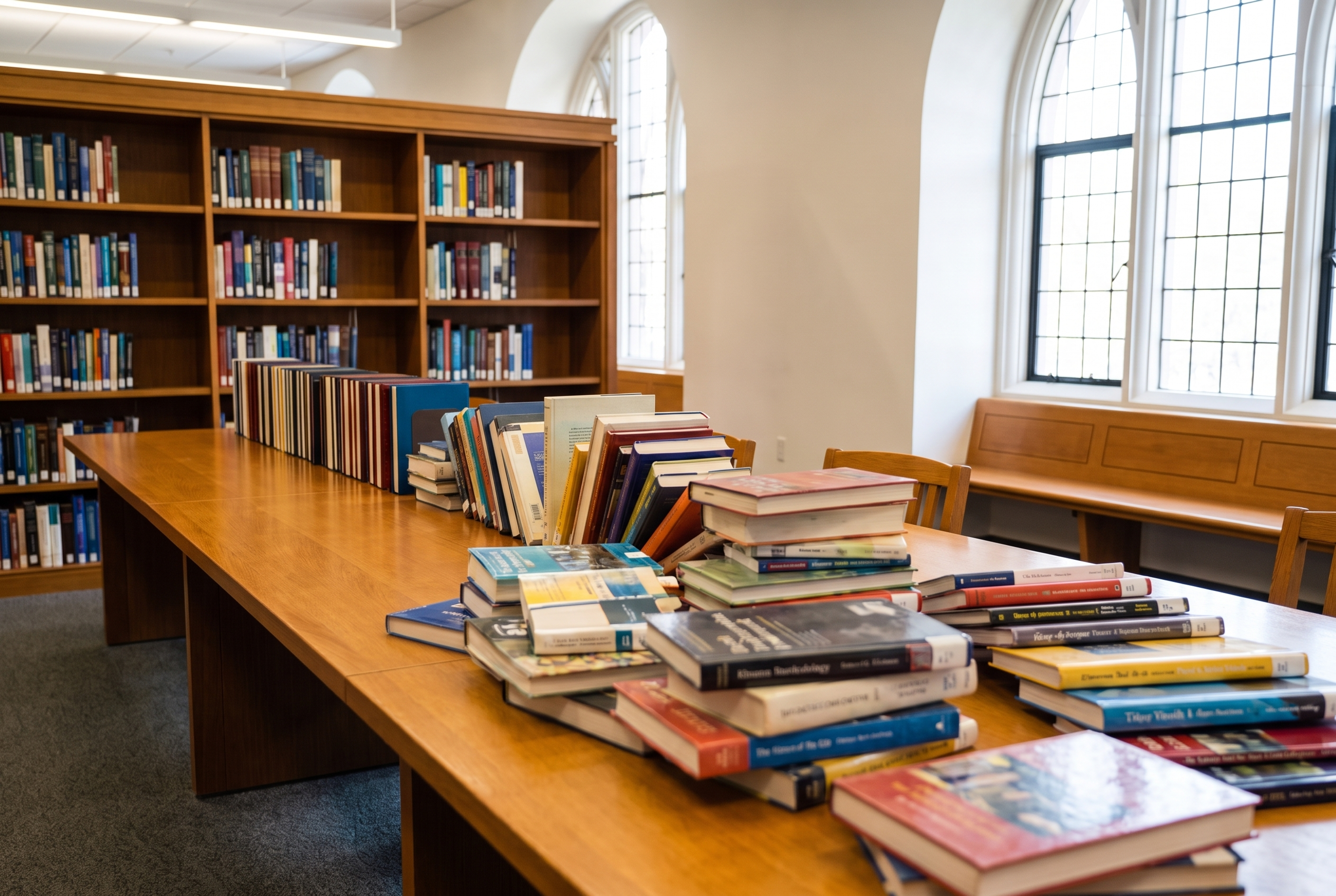 Books gathered on a table in a public library, part-sorted from loose stacks into an ordered row.