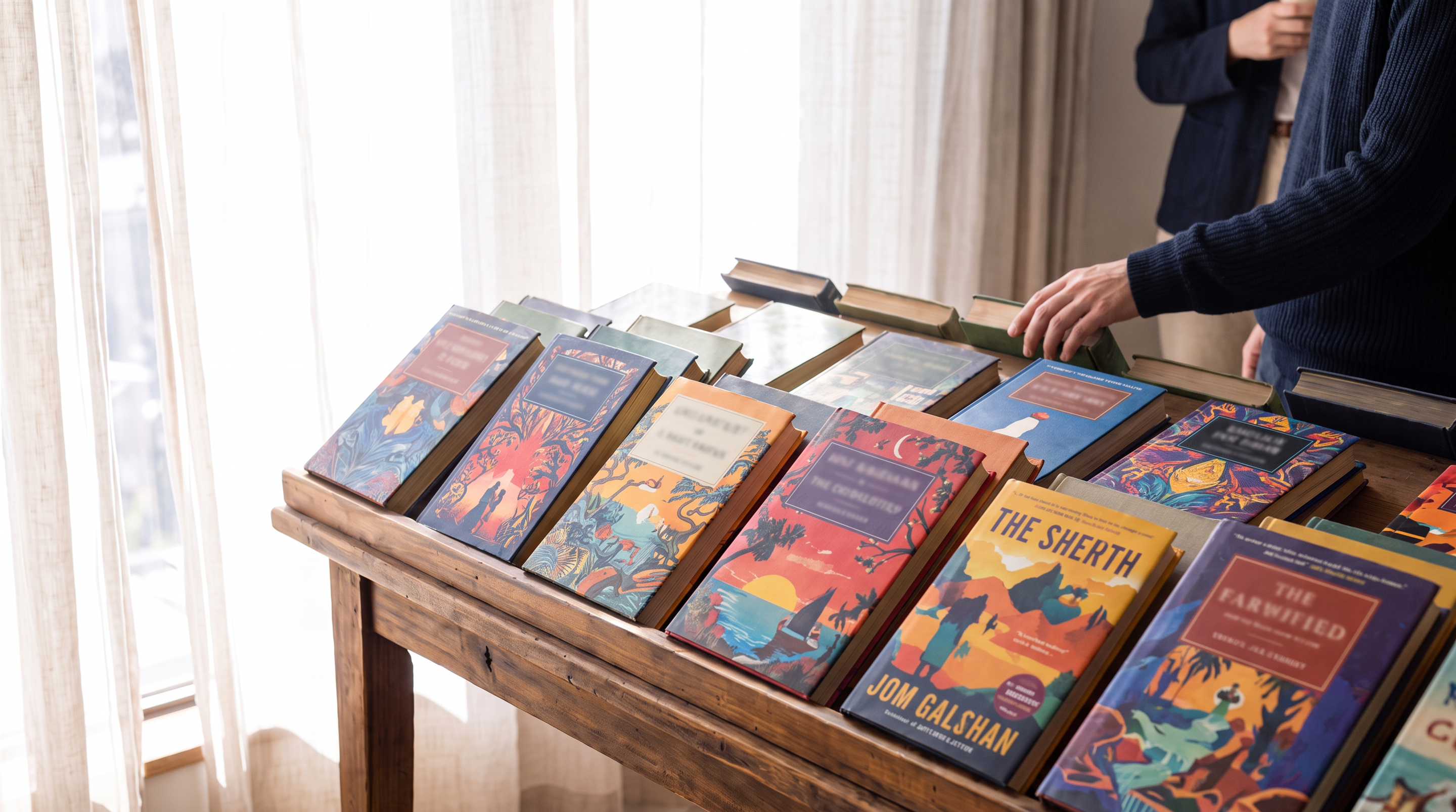 A run of fiction shelving in a public library, jackets and spines in a wide mix of colours.