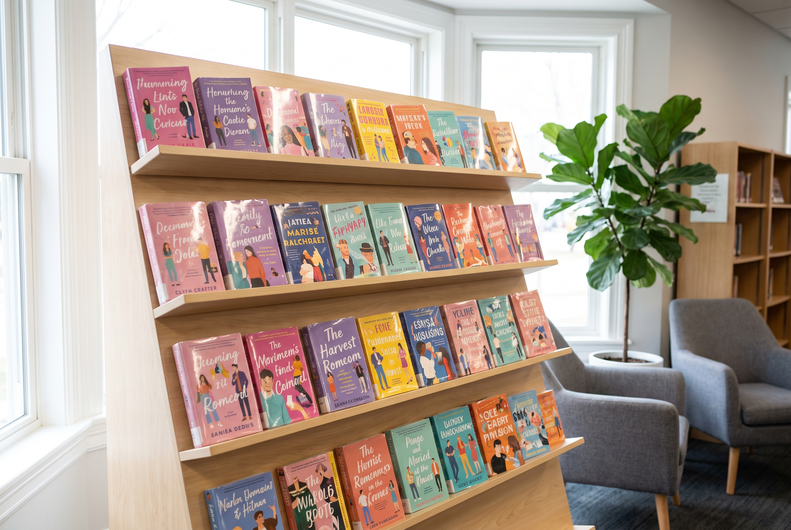 A bookshelf showcasing colourful paperback books.