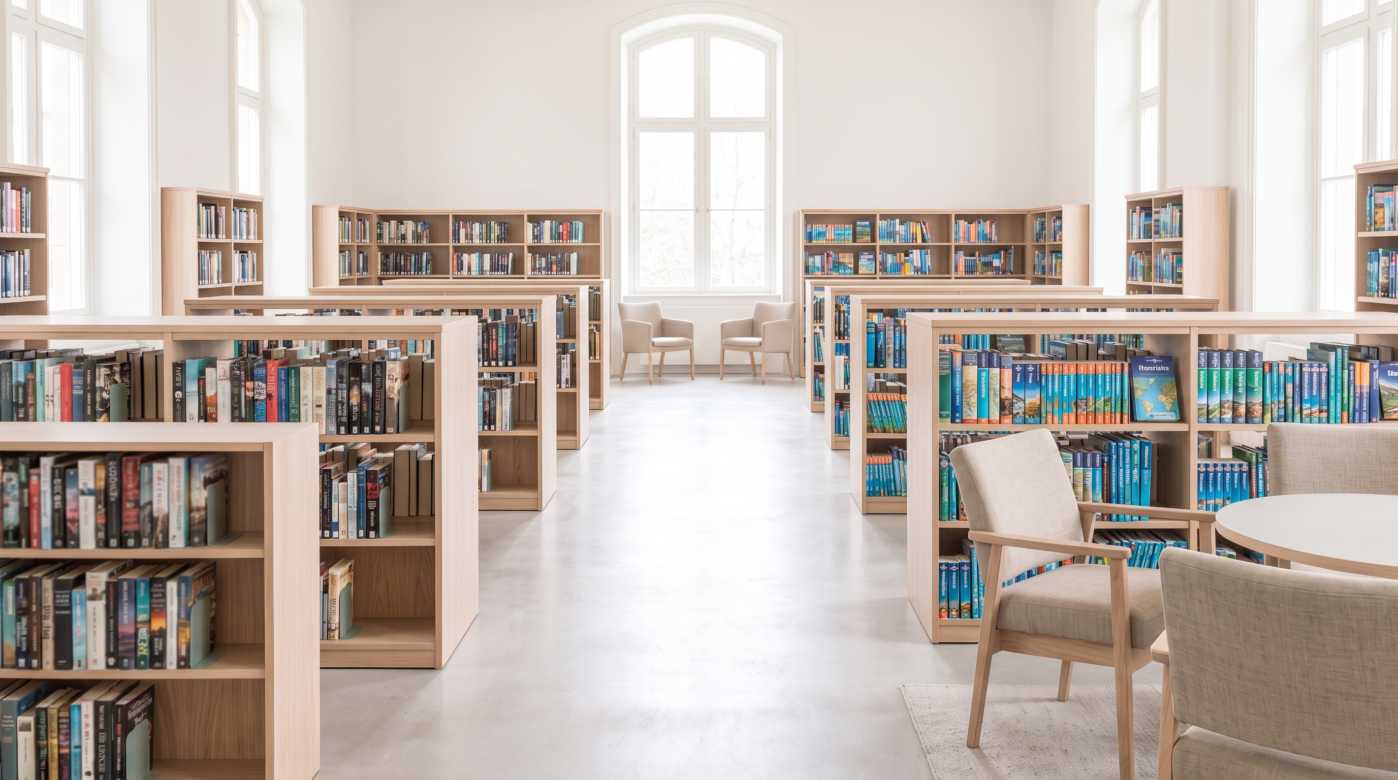 Accessible bookshelves in a well lit library.