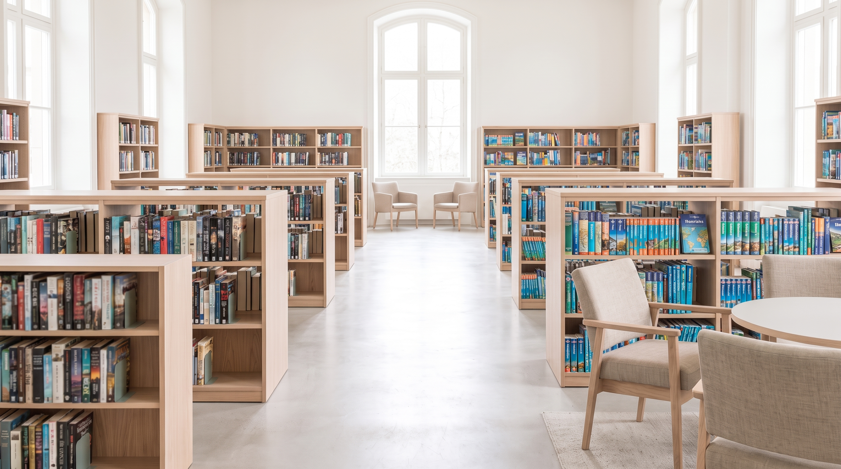Accessible bookshelves in a well lit library.
