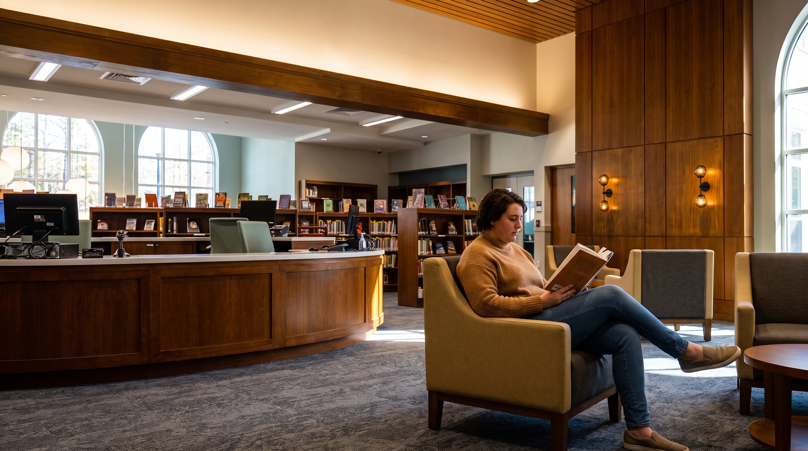 A person sits reading in an upholstered armchair beside a curved timber service desk in a warm, daylit library.