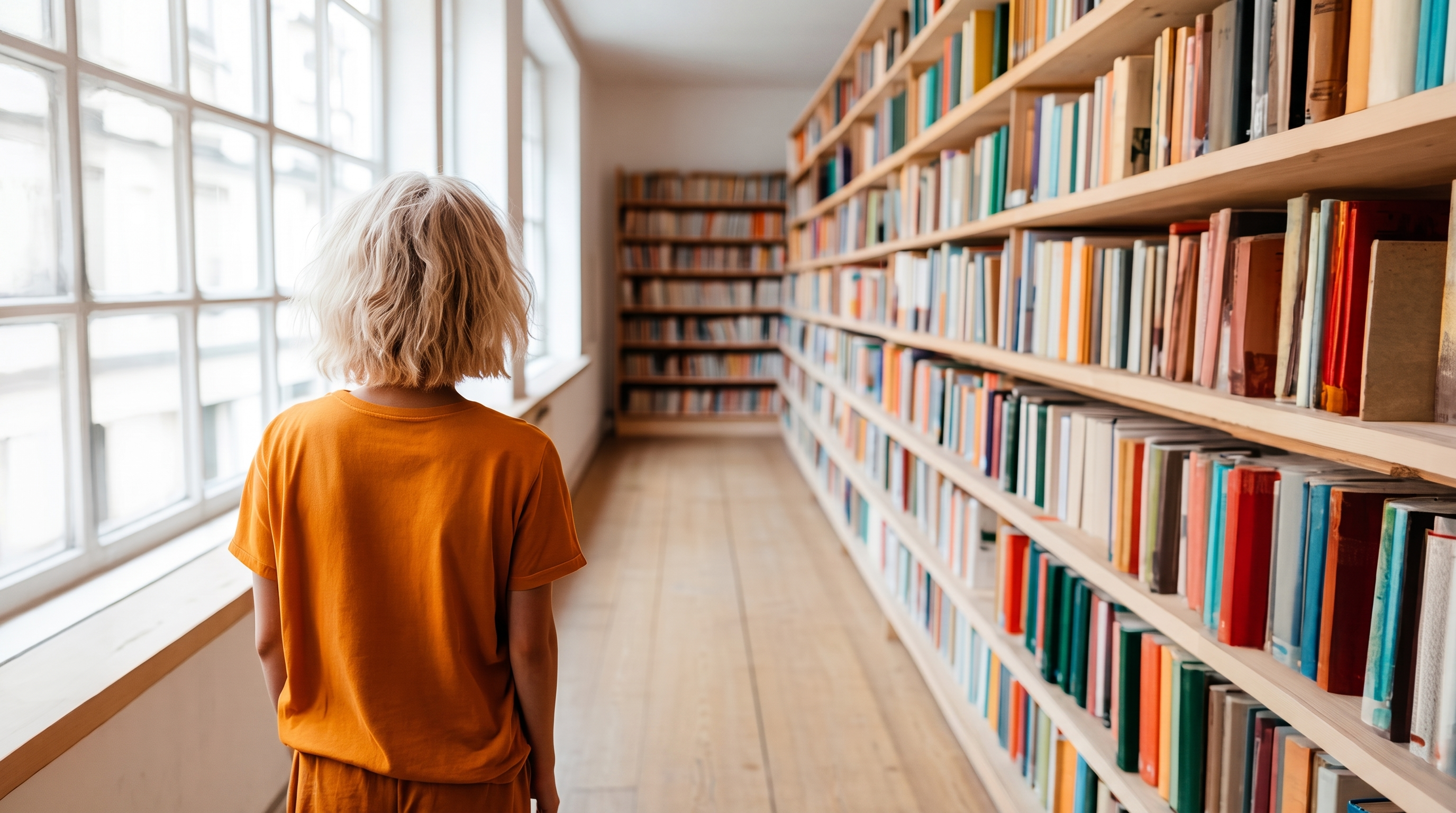 A librarian browsing shelves in a public library