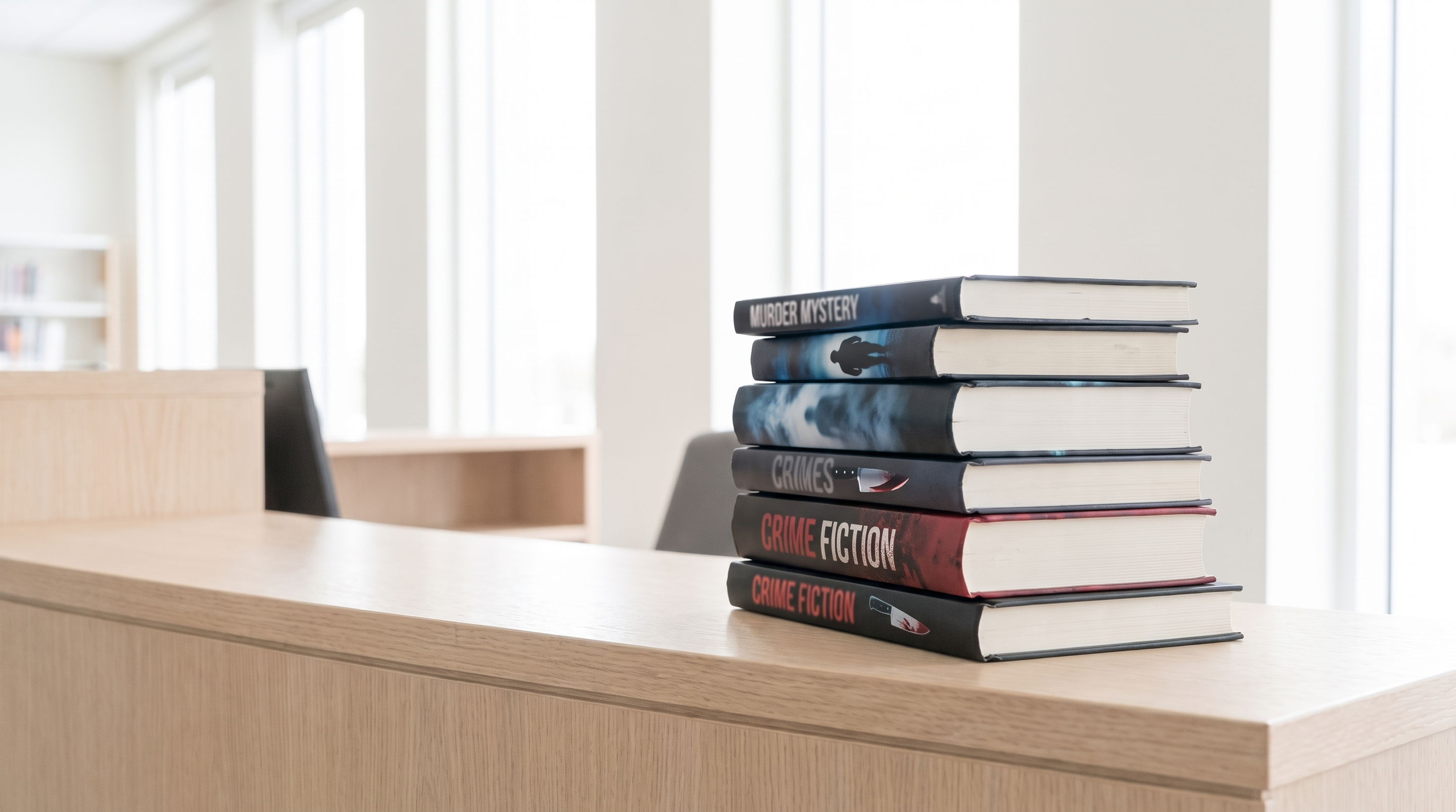 Crime novels sitting on a desk together.