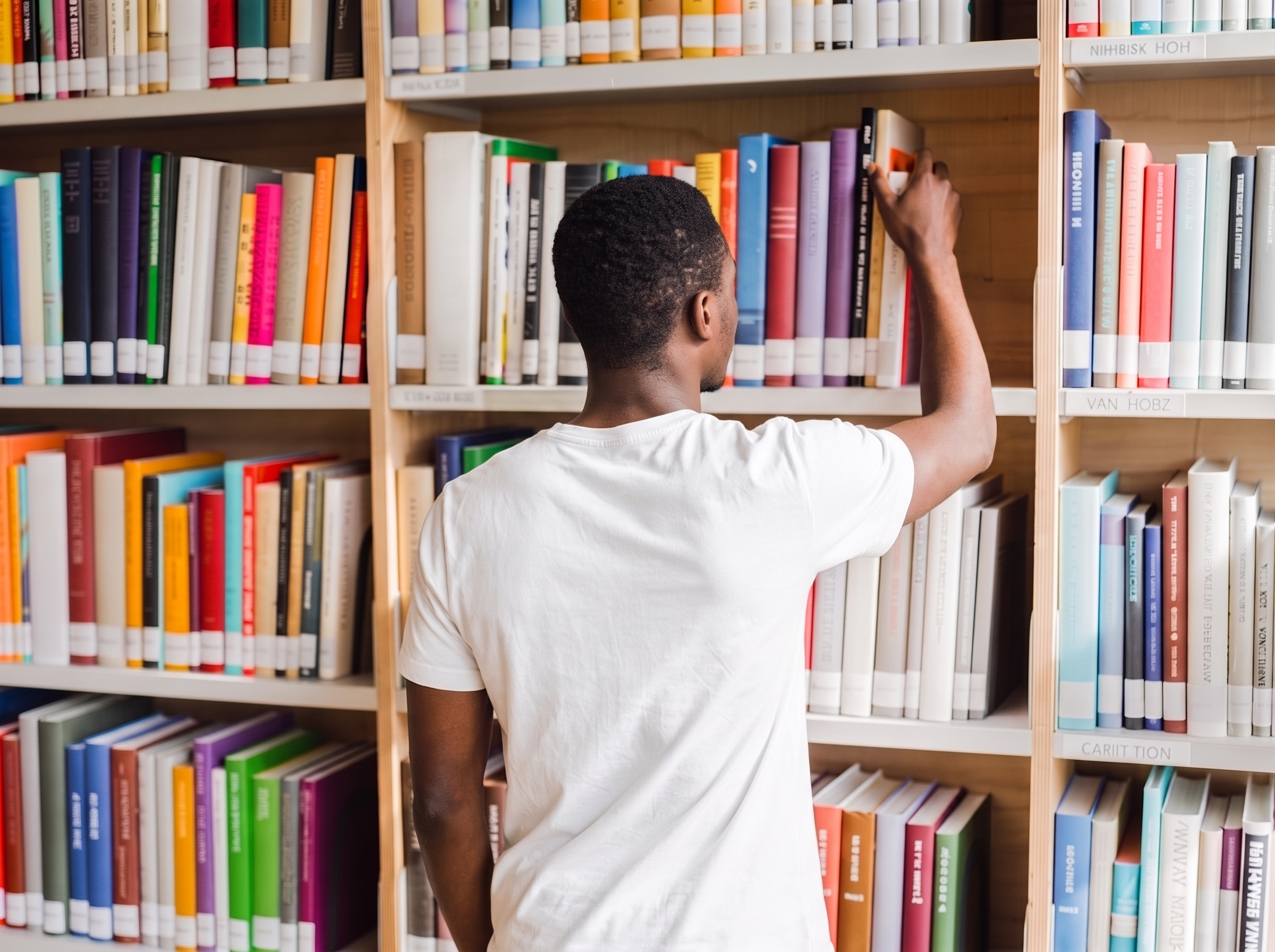 A Black man browses a library shelf, drawing out a title to read the cover.