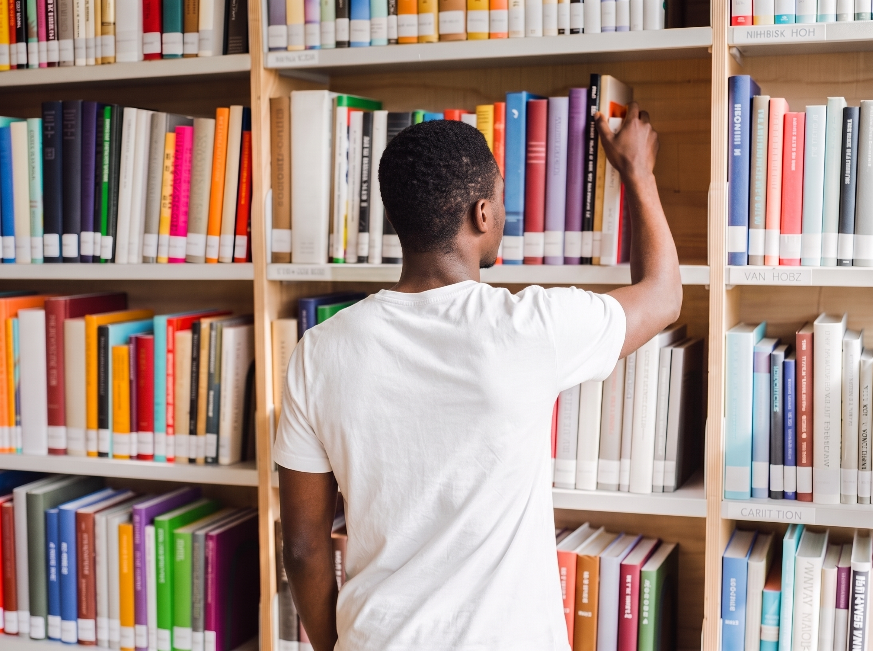 A Black man browses a library shelf, drawing out a title to read the cover.