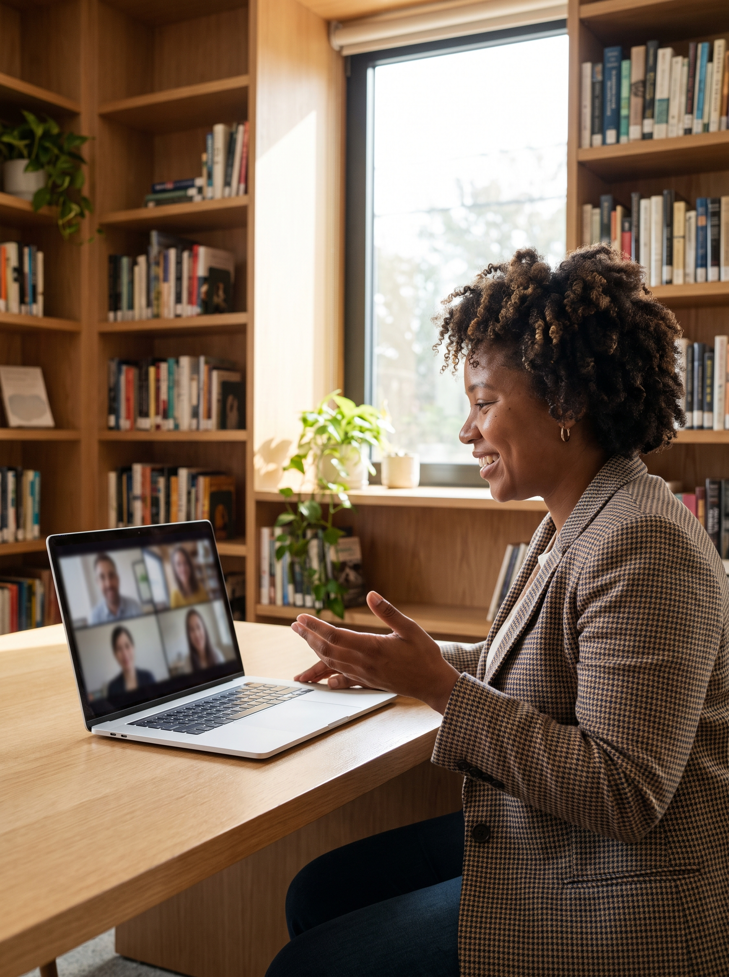 A librarian takes a relaxed video call on a laptop in a bright library office, mid-conversation.