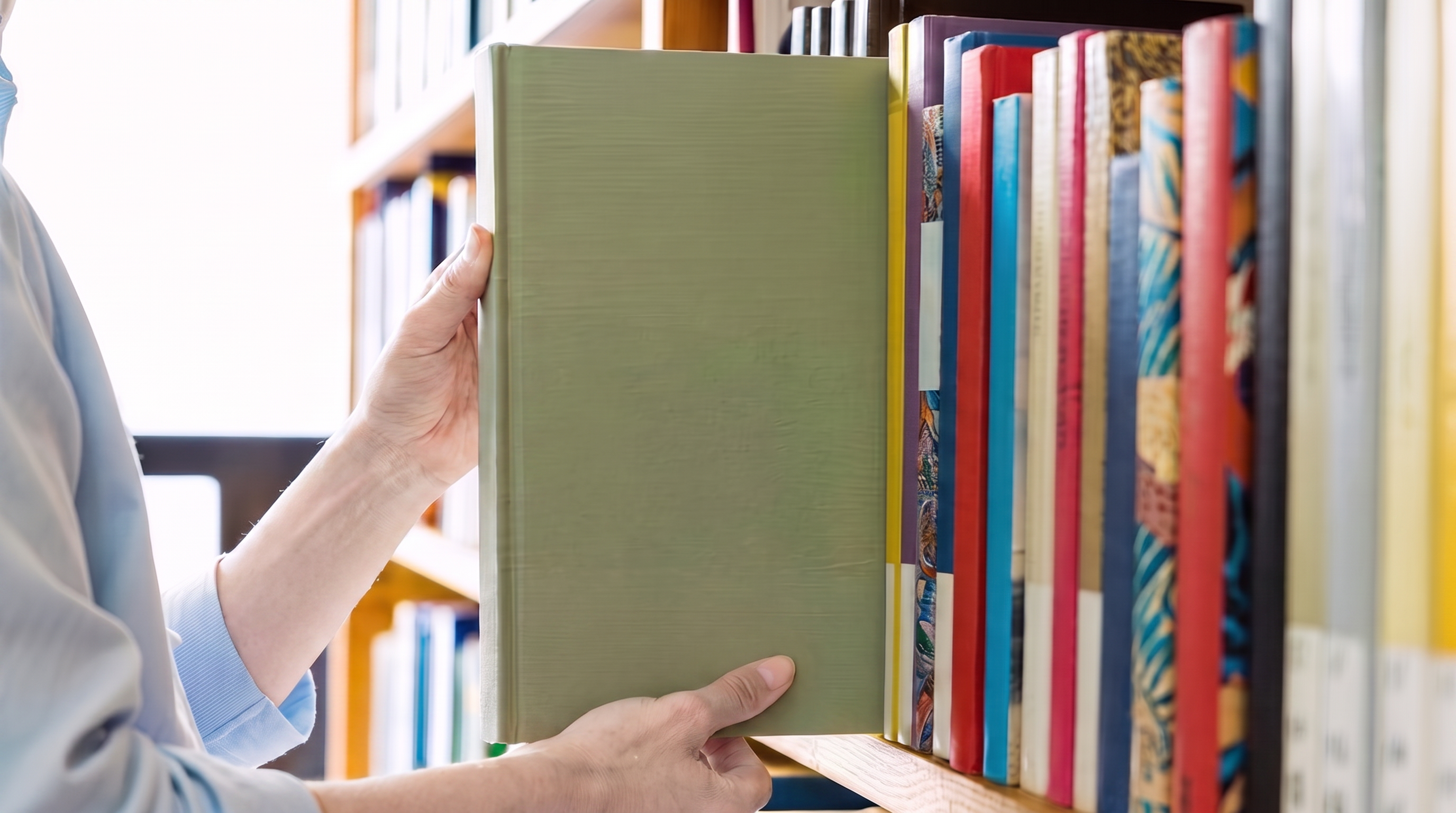 A pair of hands sorts through adult fiction and non-fiction titles with colourful dust jackets on a library shelf.