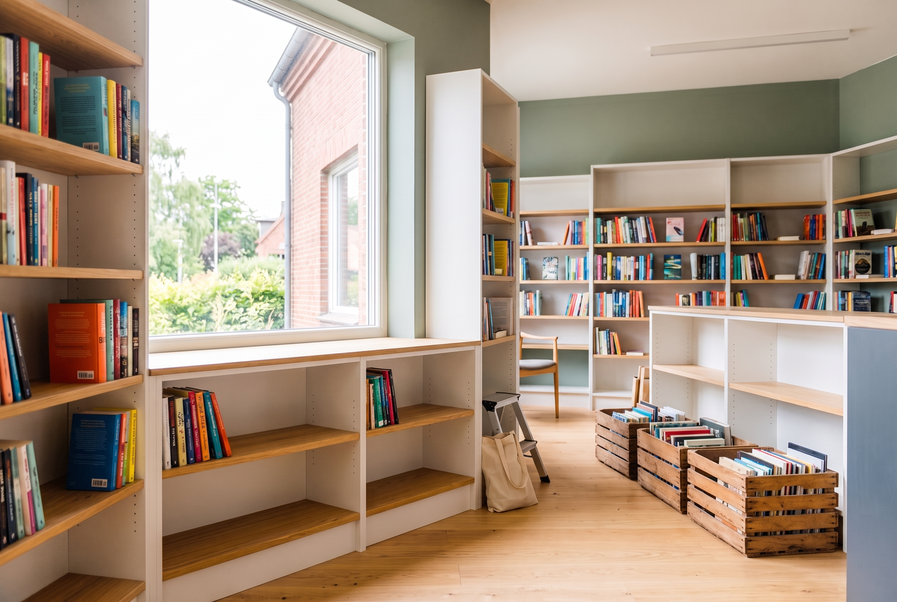 A library with shelves being packed away.