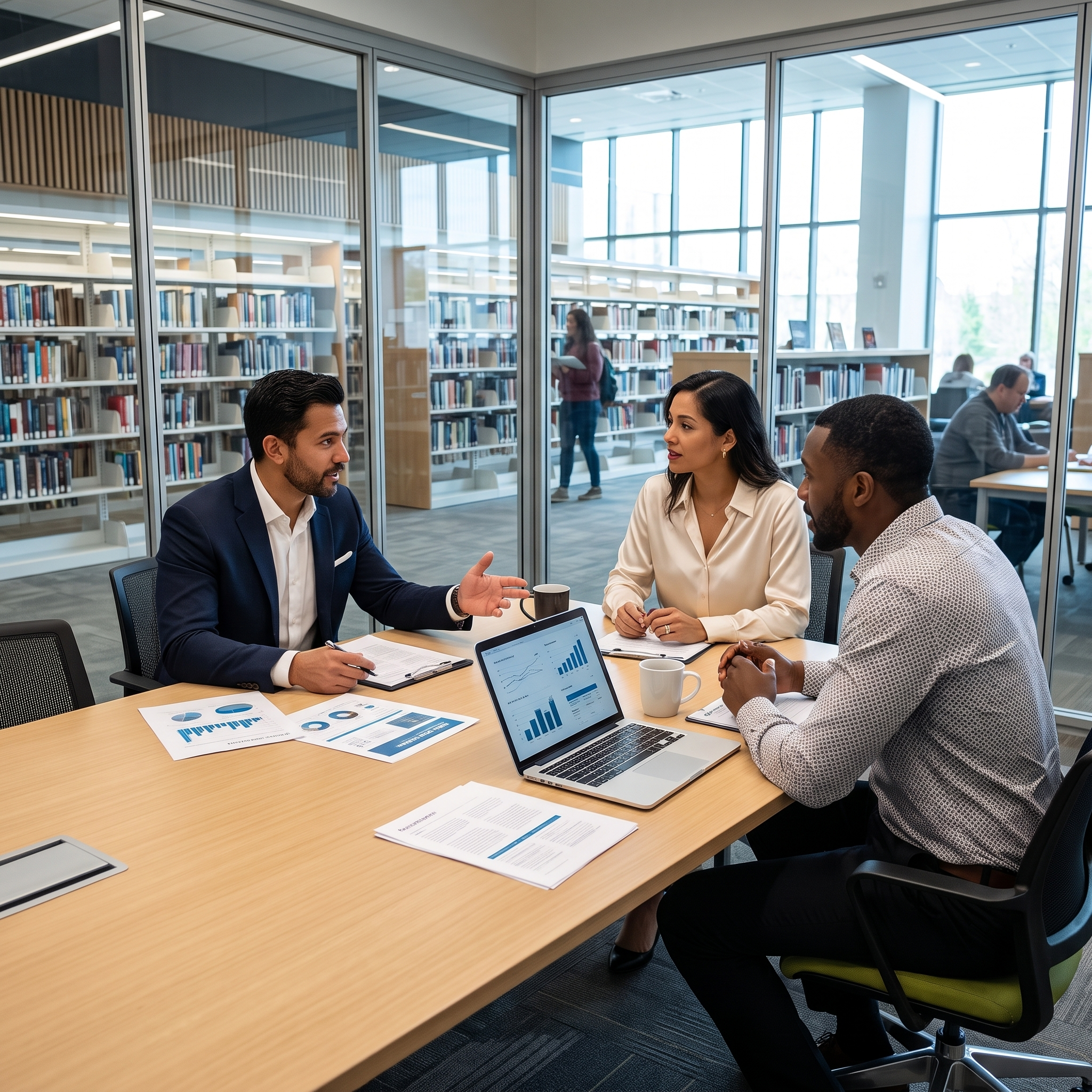 Colleagues of different ethnicities in smart casual dress hold a business discussion in a bookable library office.