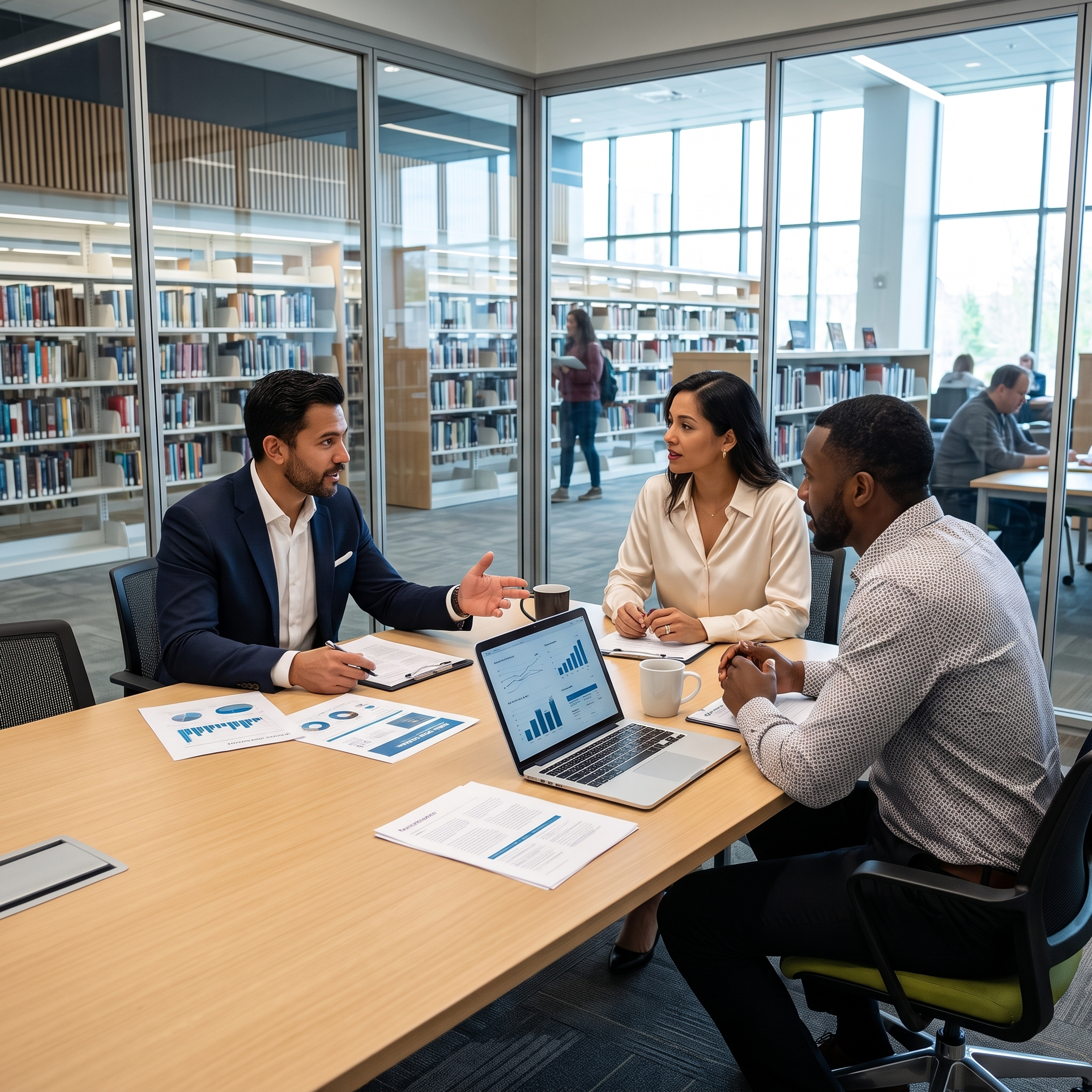 Colleagues of different ethnicities in smart casual dress hold a business discussion in a bookable library office.