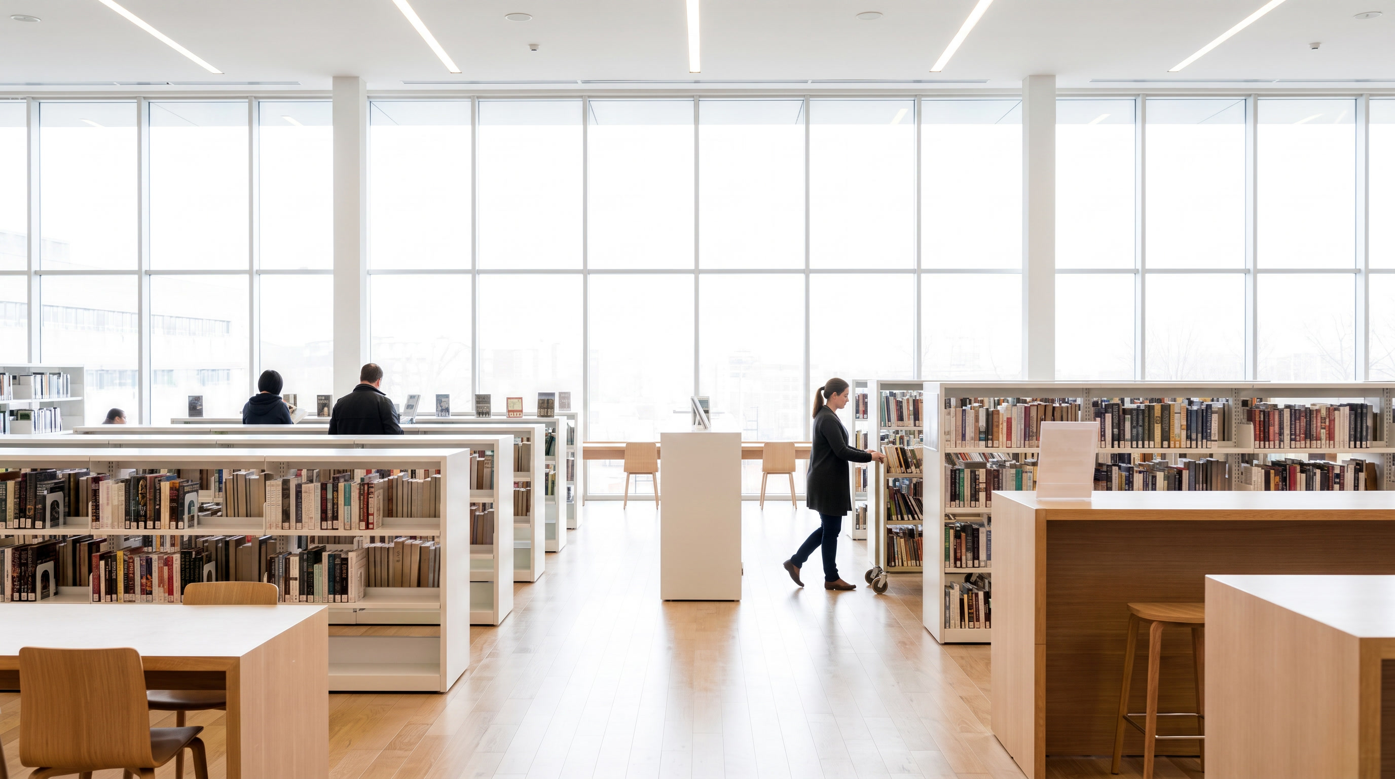 A busy public library floor with visitors reading and browsing across the room.
