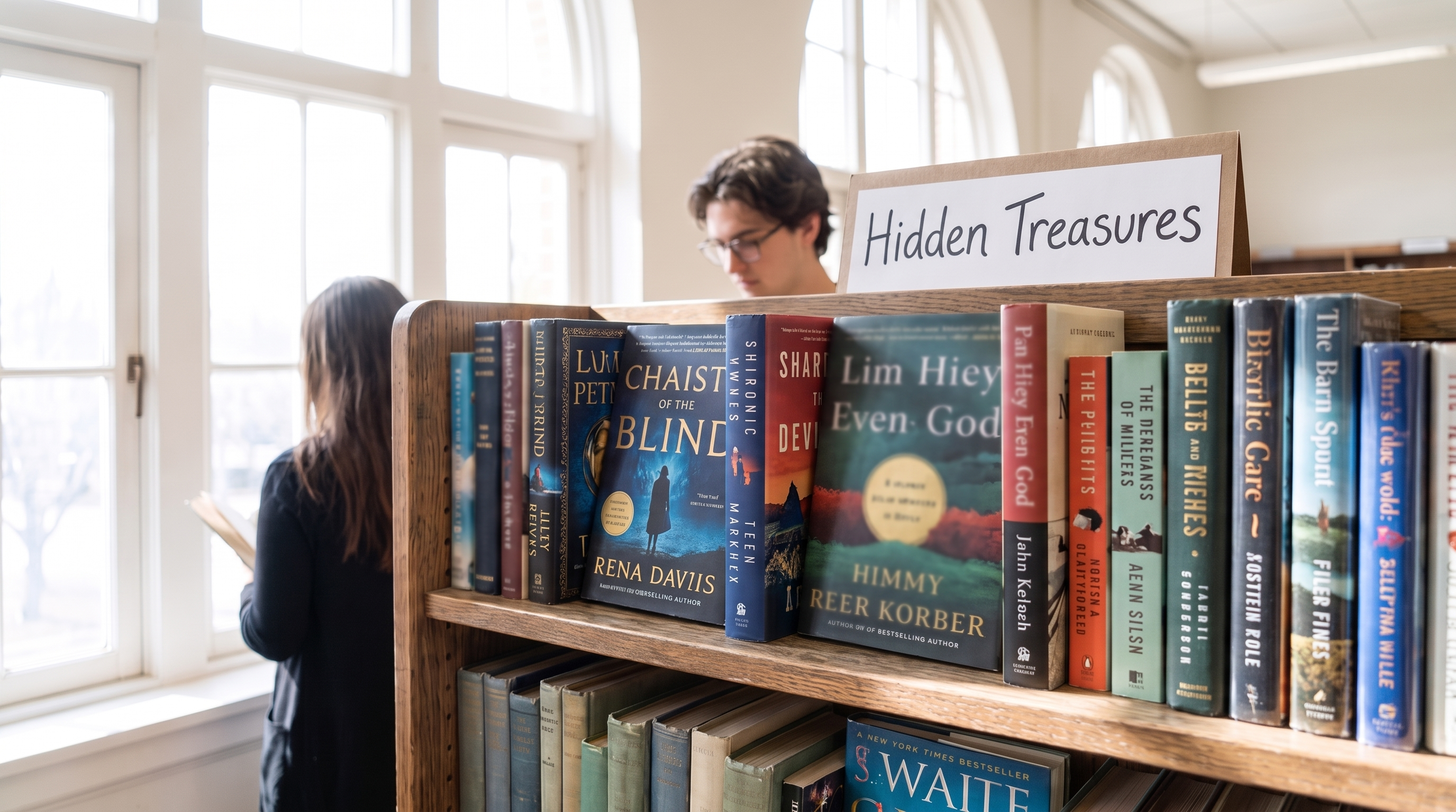 Adult fiction shelved beneath a hand-made 'Hidden Treasures' sign on top of the bookcase.
