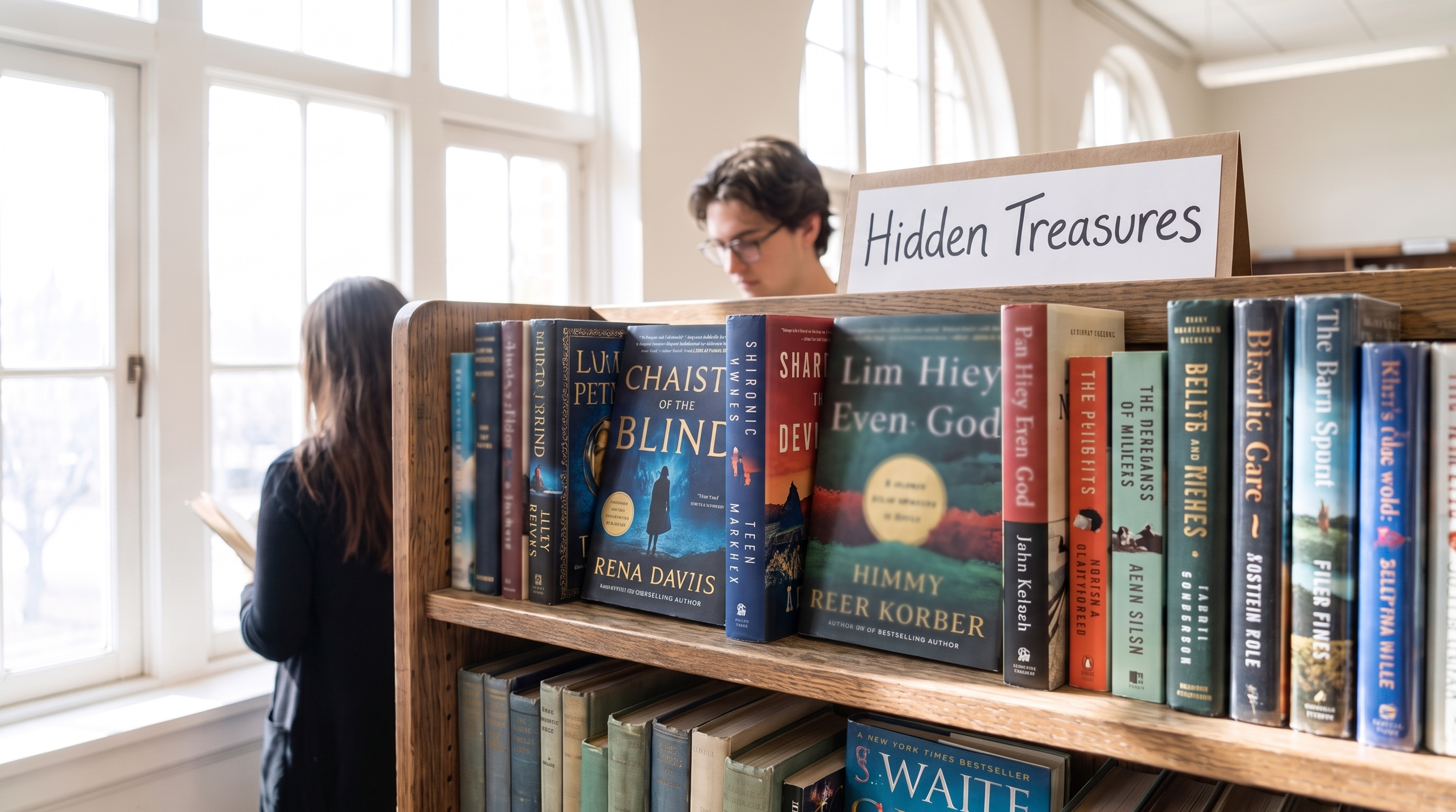Adult fiction shelved beneath a hand-made 'Hidden Treasures' sign on top of the bookcase.