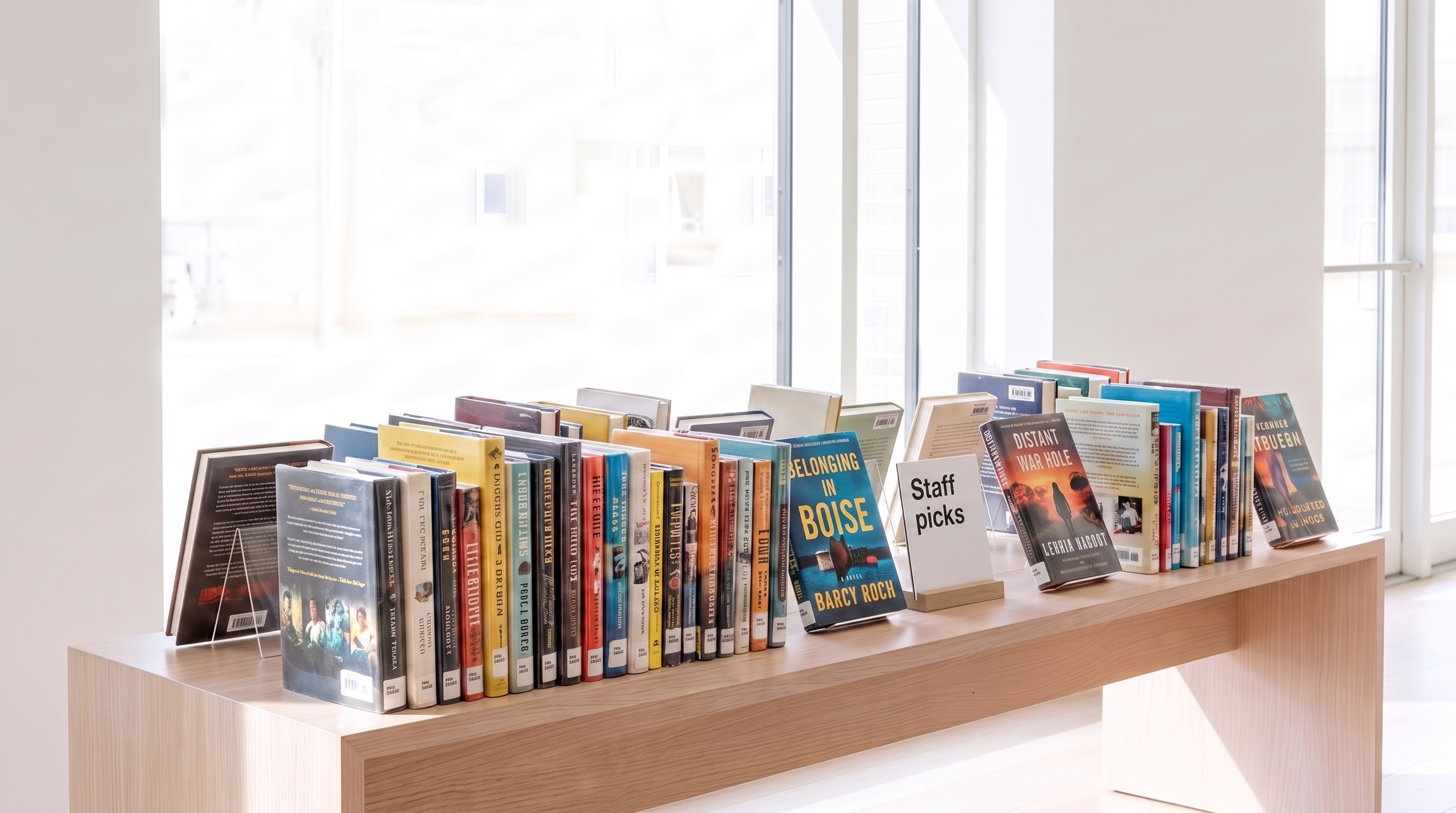 A public library display of face-out books in mixed sizes beside a printed staff picks recommendation sign.