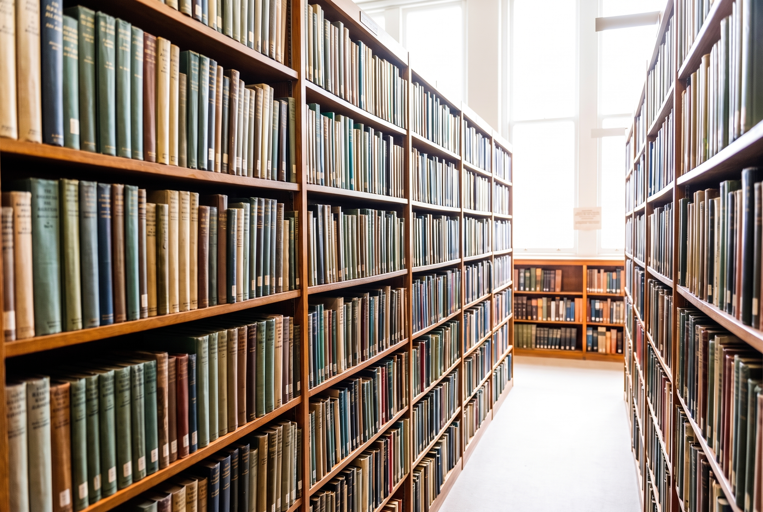 A quiet library with full shelves.
