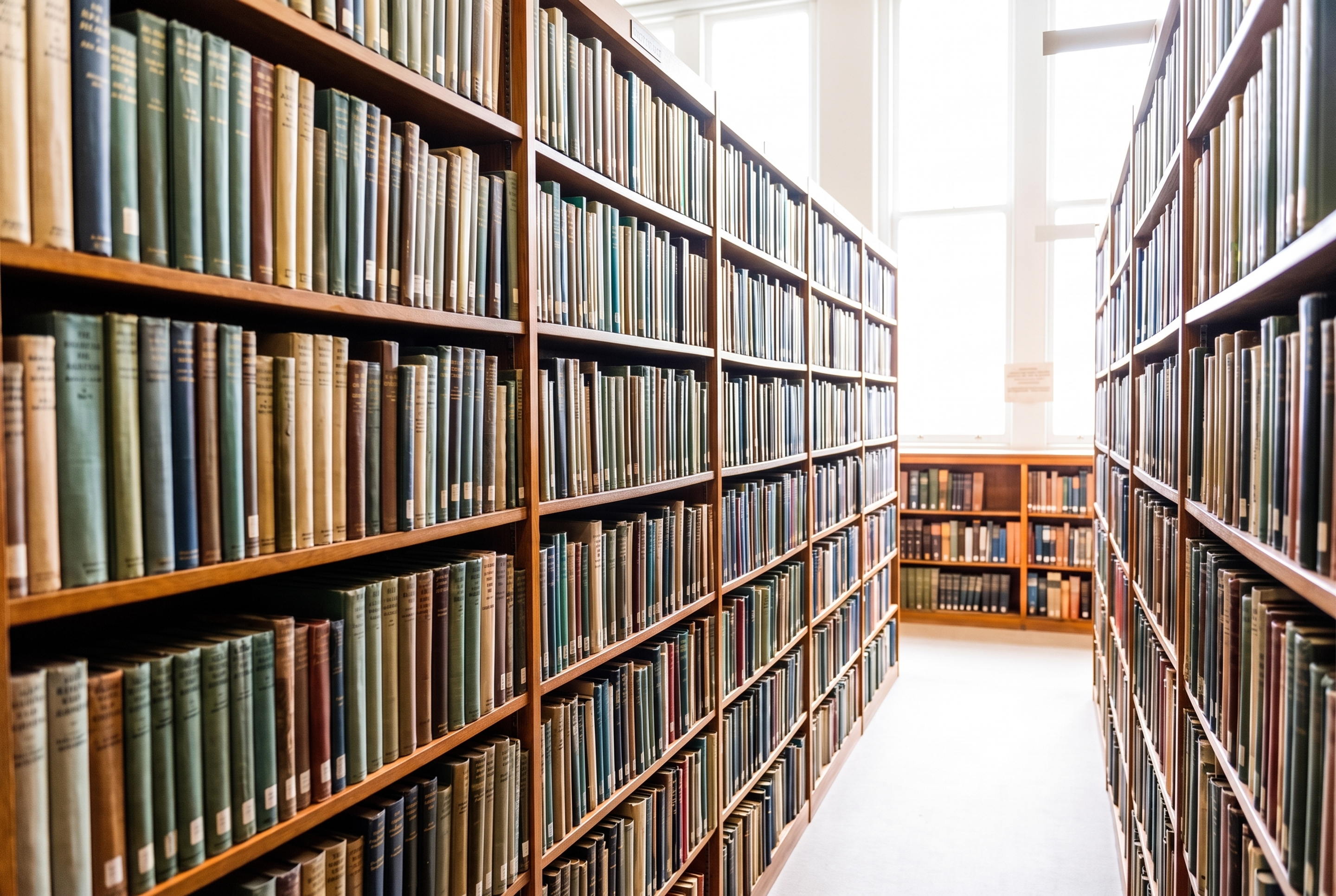 A quiet library with full shelves. 