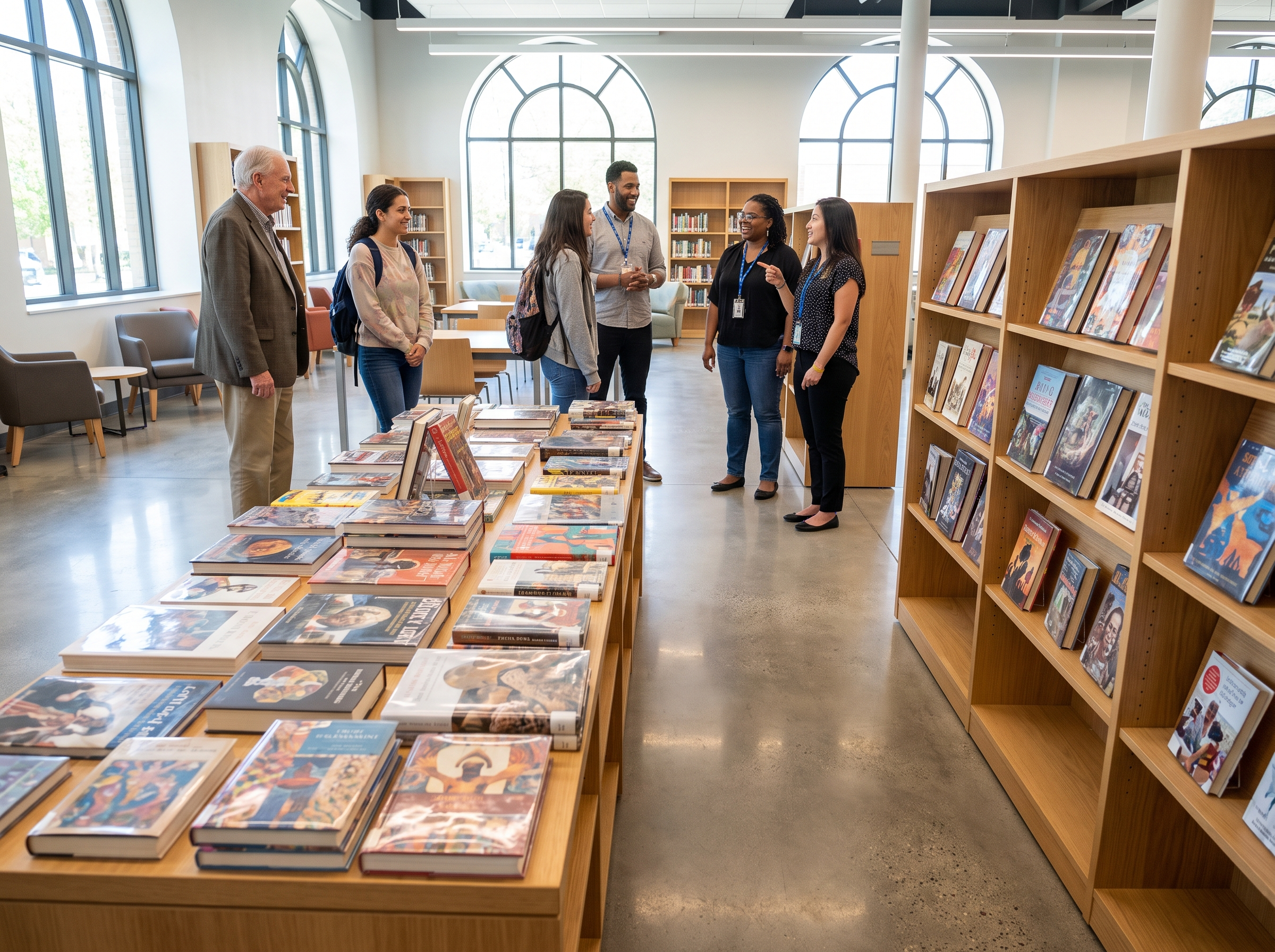 A bright library display of books covering visibly varied subjects, authors and cultures, with staff and visitors browsing behind.