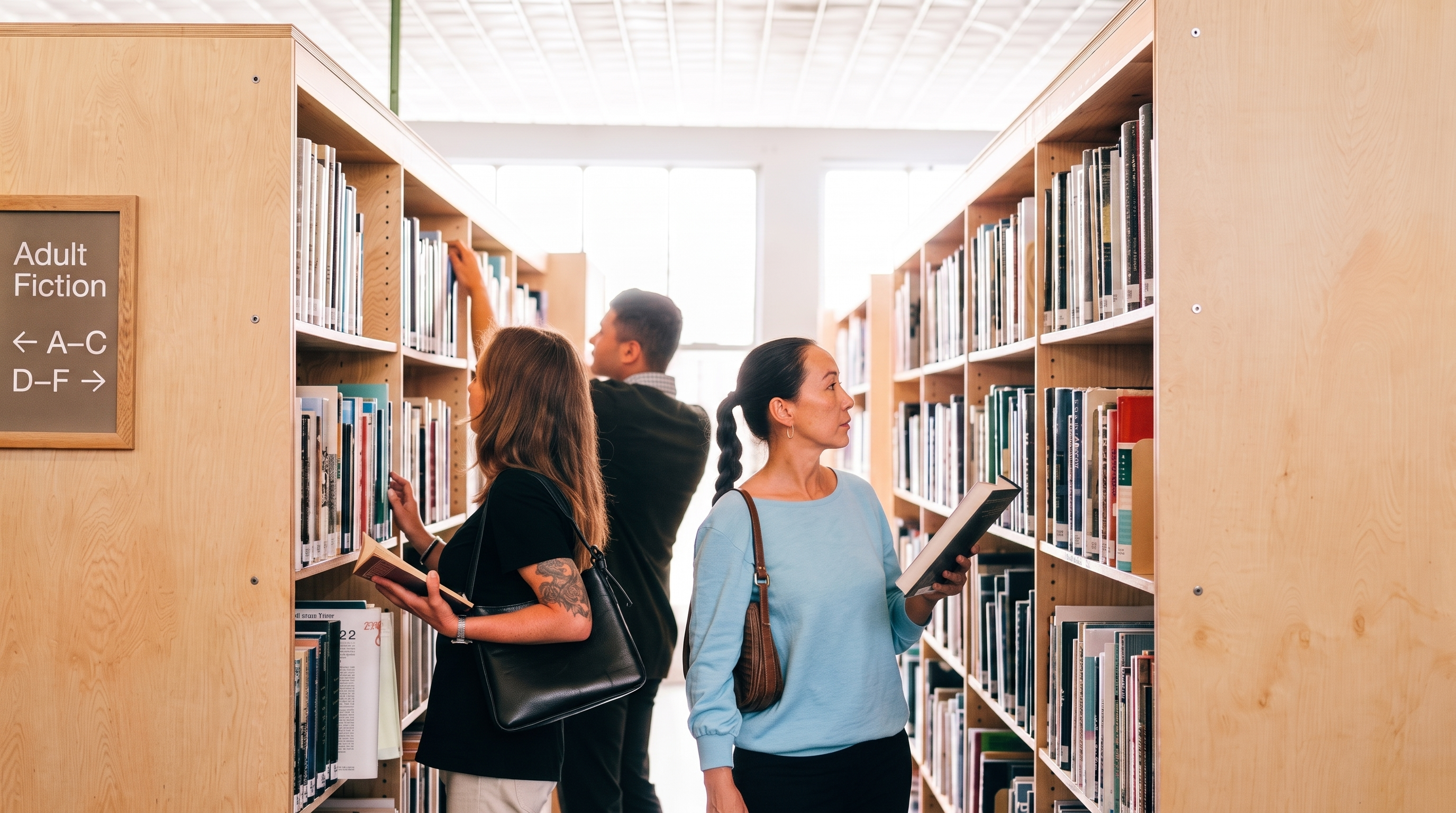 A diverse group of readers browsing library shelves