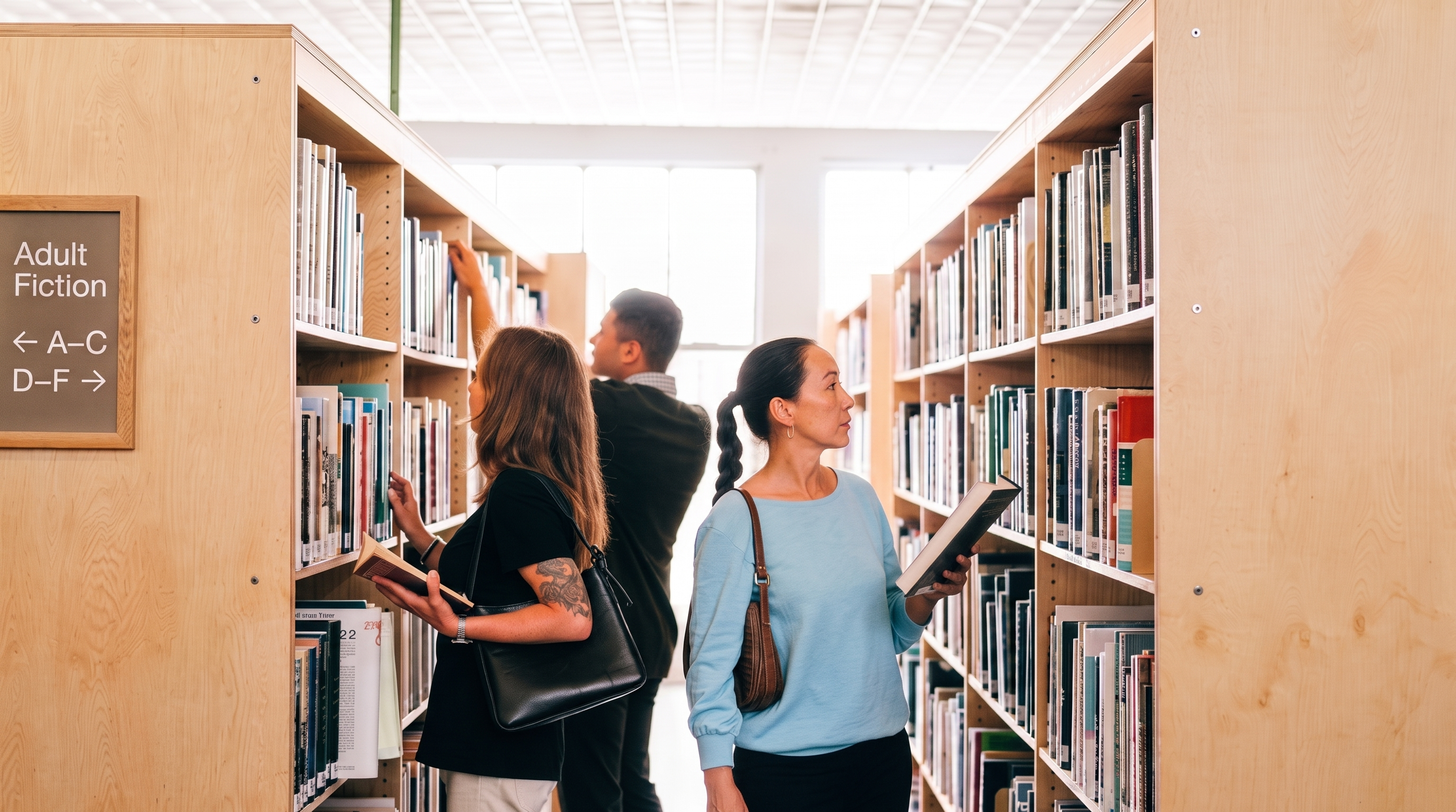 A diverse group of readers browsing library shelves