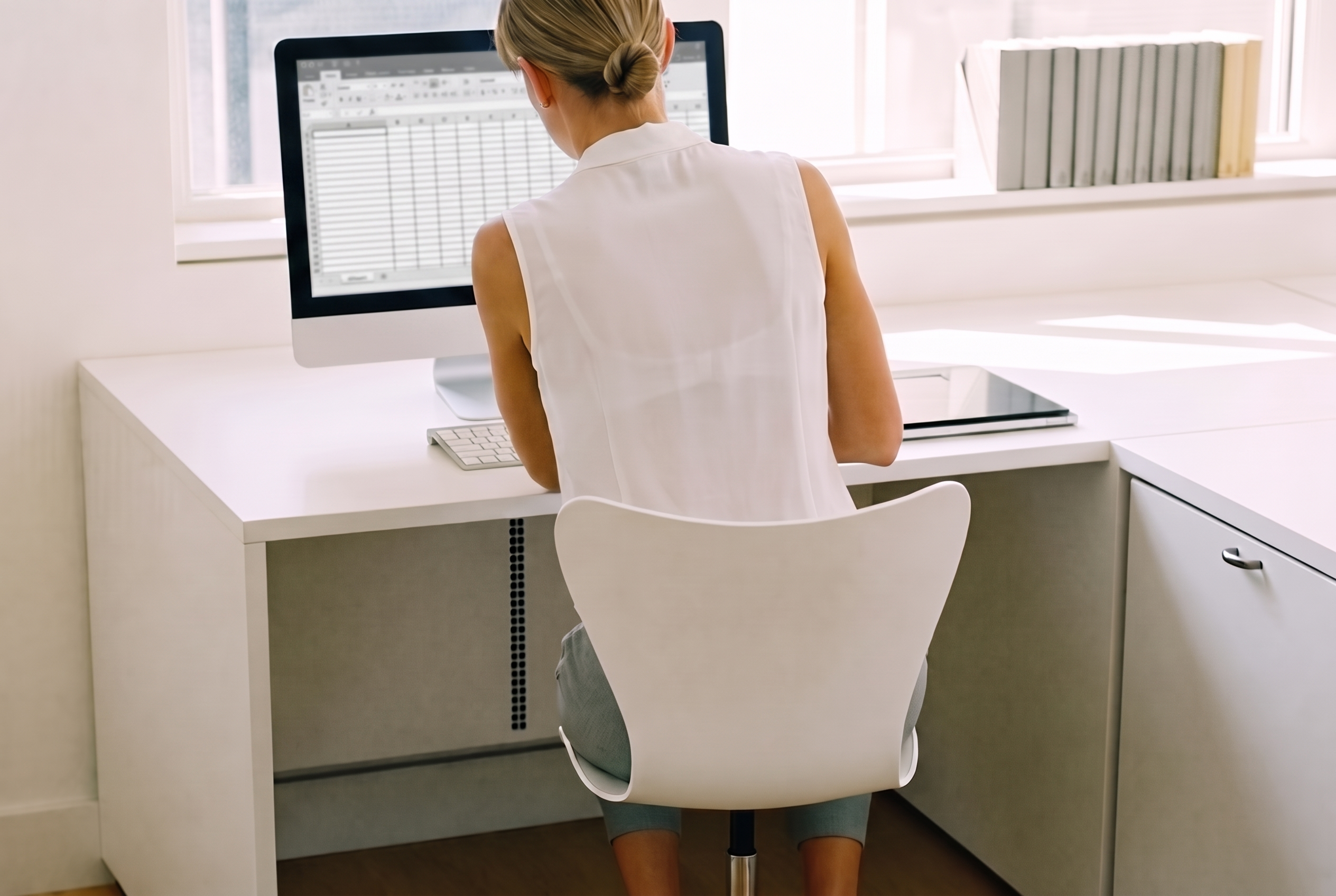 A librarian at her desk working through collection data in a spreadsheet on screen.