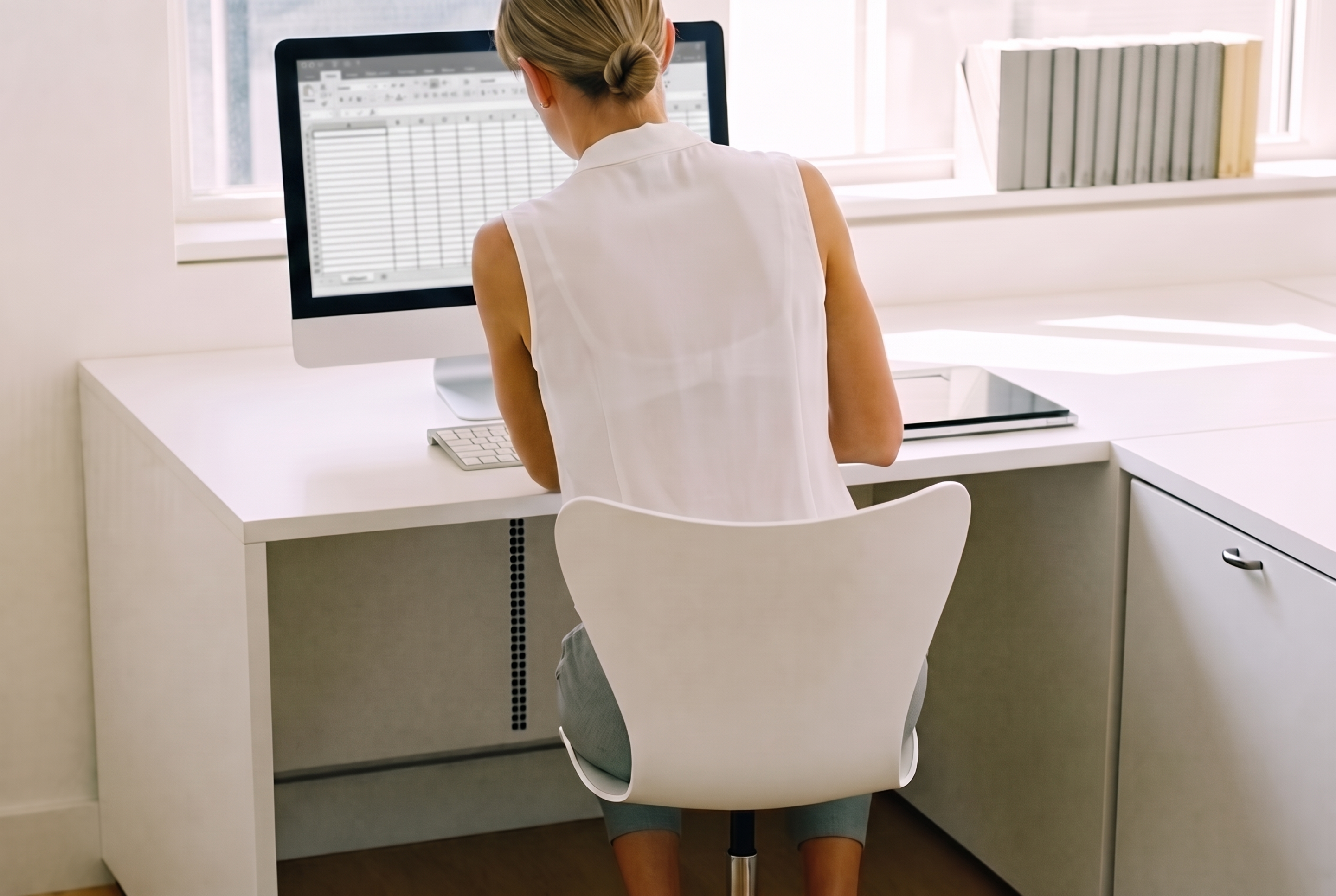 A librarian at her desk working through collection data in a spreadsheet on screen.