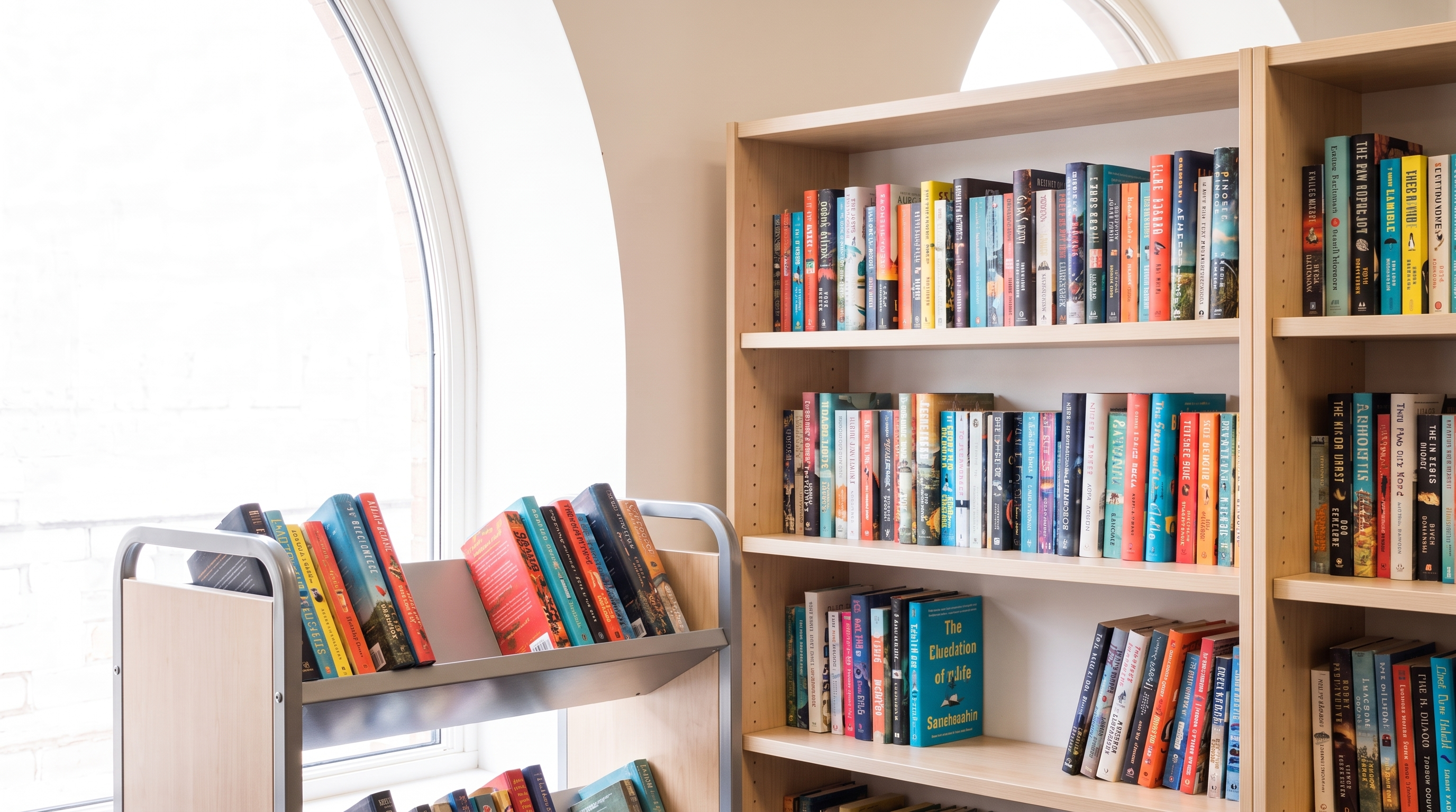A librarian removes worn titles from a public library shelf, loading them onto a modern book trolley.
