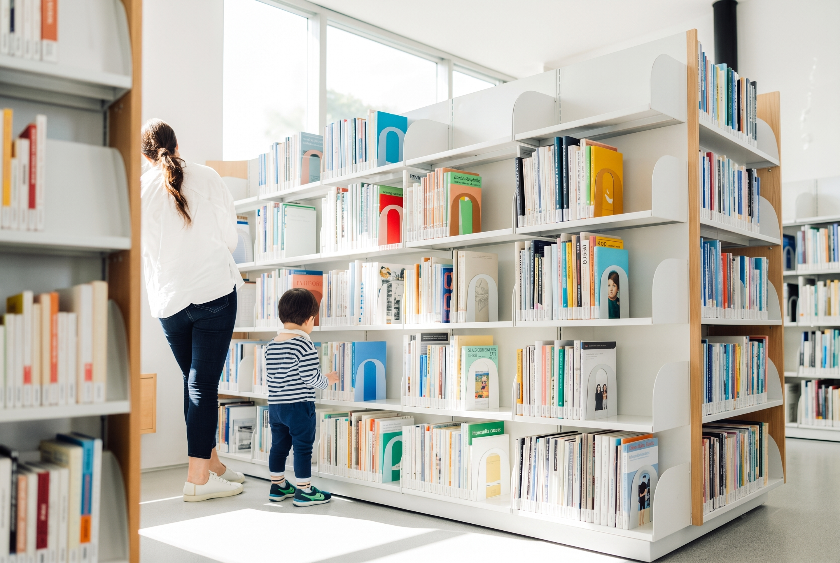 A public library interior with visitors browsing the collection.