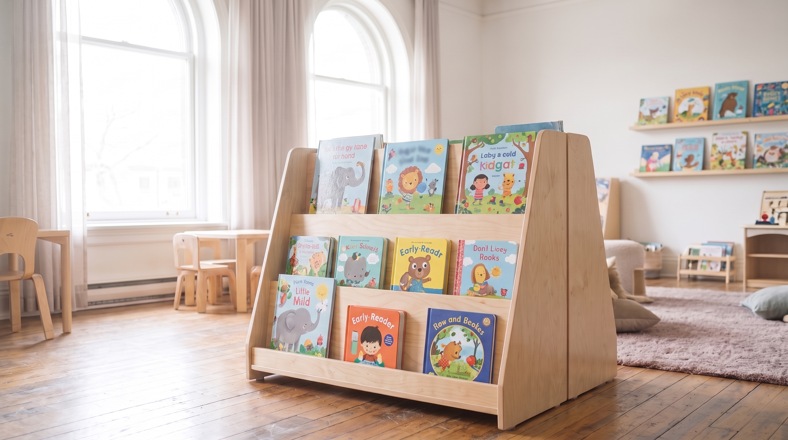Children's picture books on library shelving, bright illustrated covers at child height.