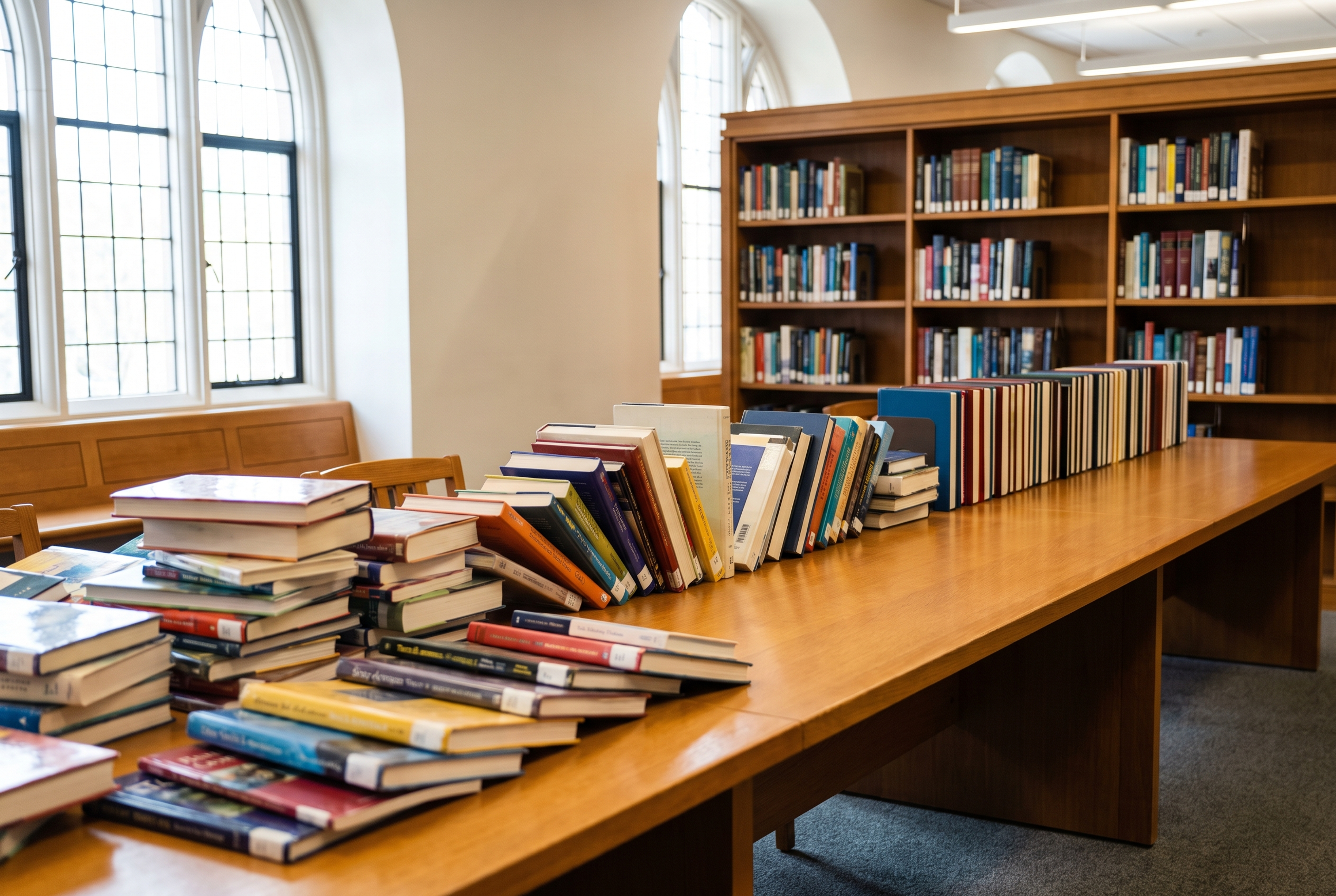 Books along a library table shift from loose scattered stacks at the near end to a neatly aligned row at the far end.