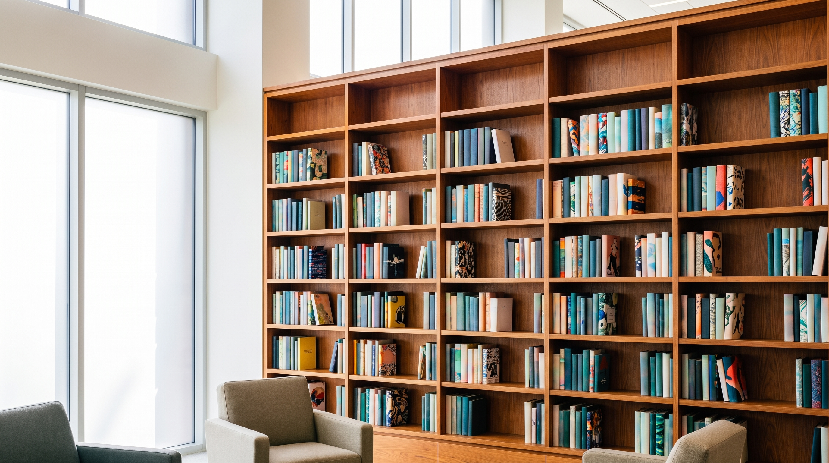 Readers at work in a bright public library reading room.