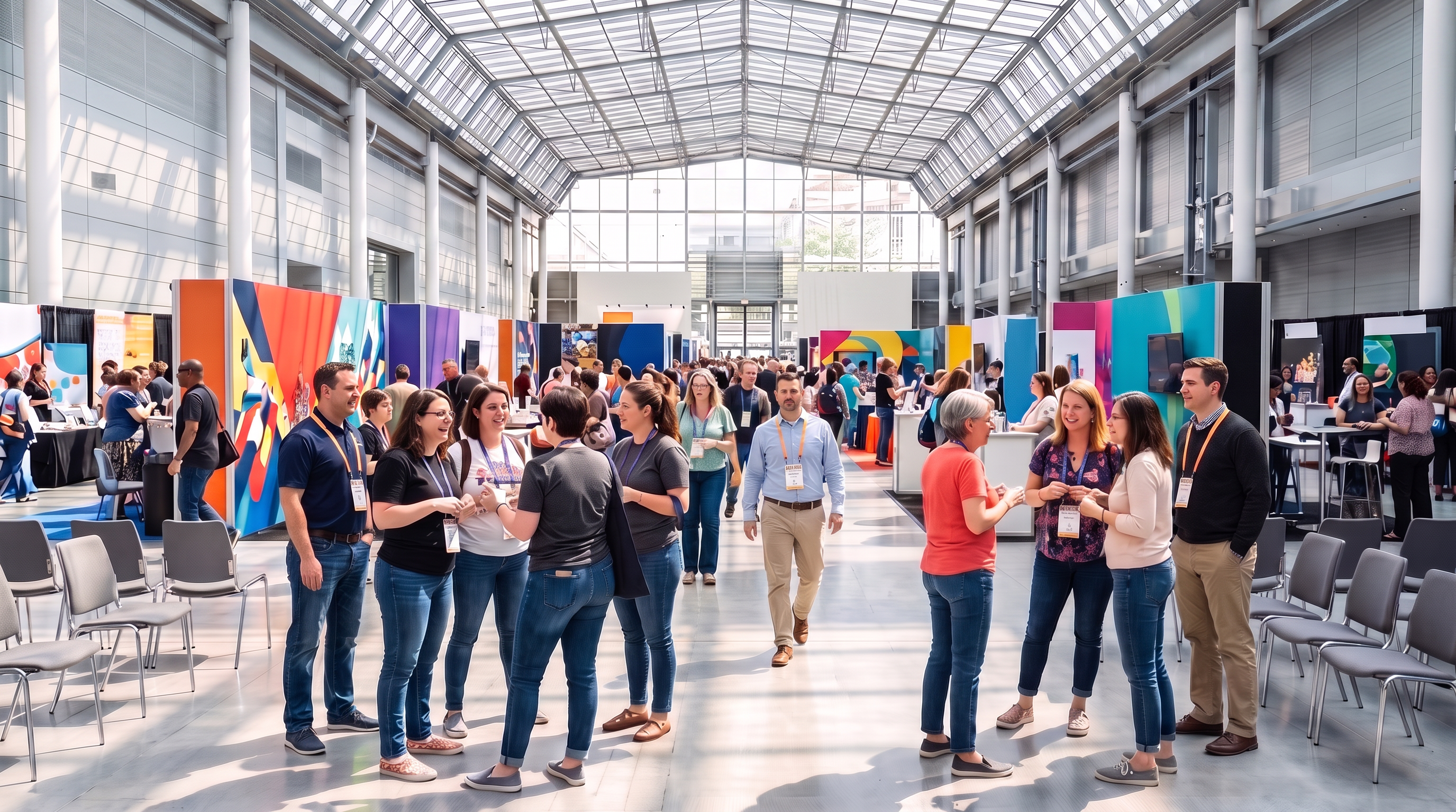 Attendees in smart casual clothes talk in small groups at a library conference, exhibitor stands behind them.