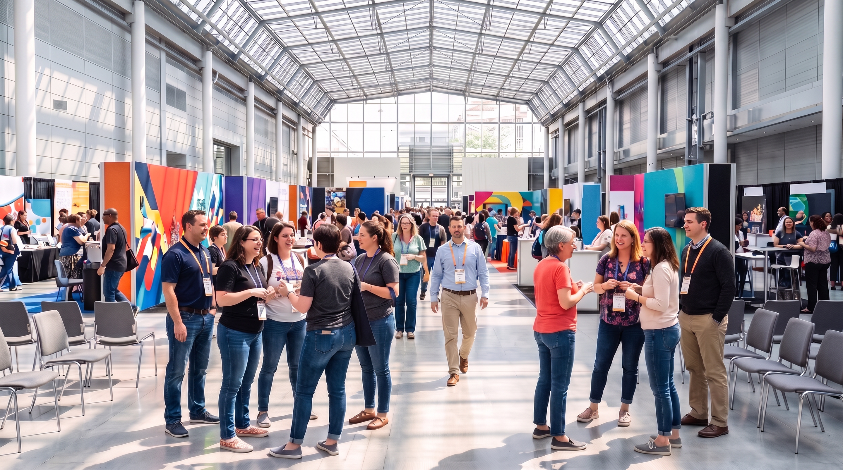 Attendees in smart casual clothes talk in small groups at a library conference, exhibitor stands behind them.