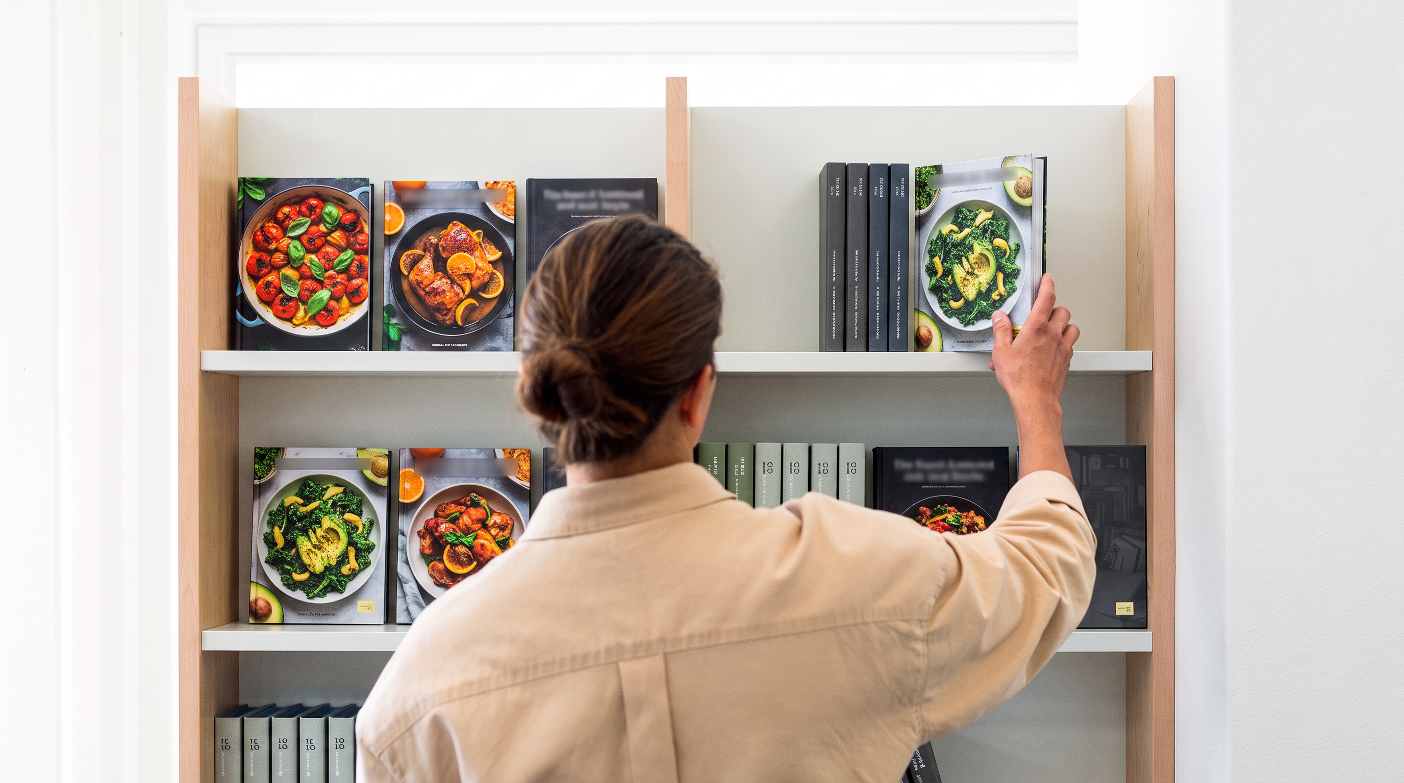 ookbooks shelved face-out, large-format jackets carrying food photography.