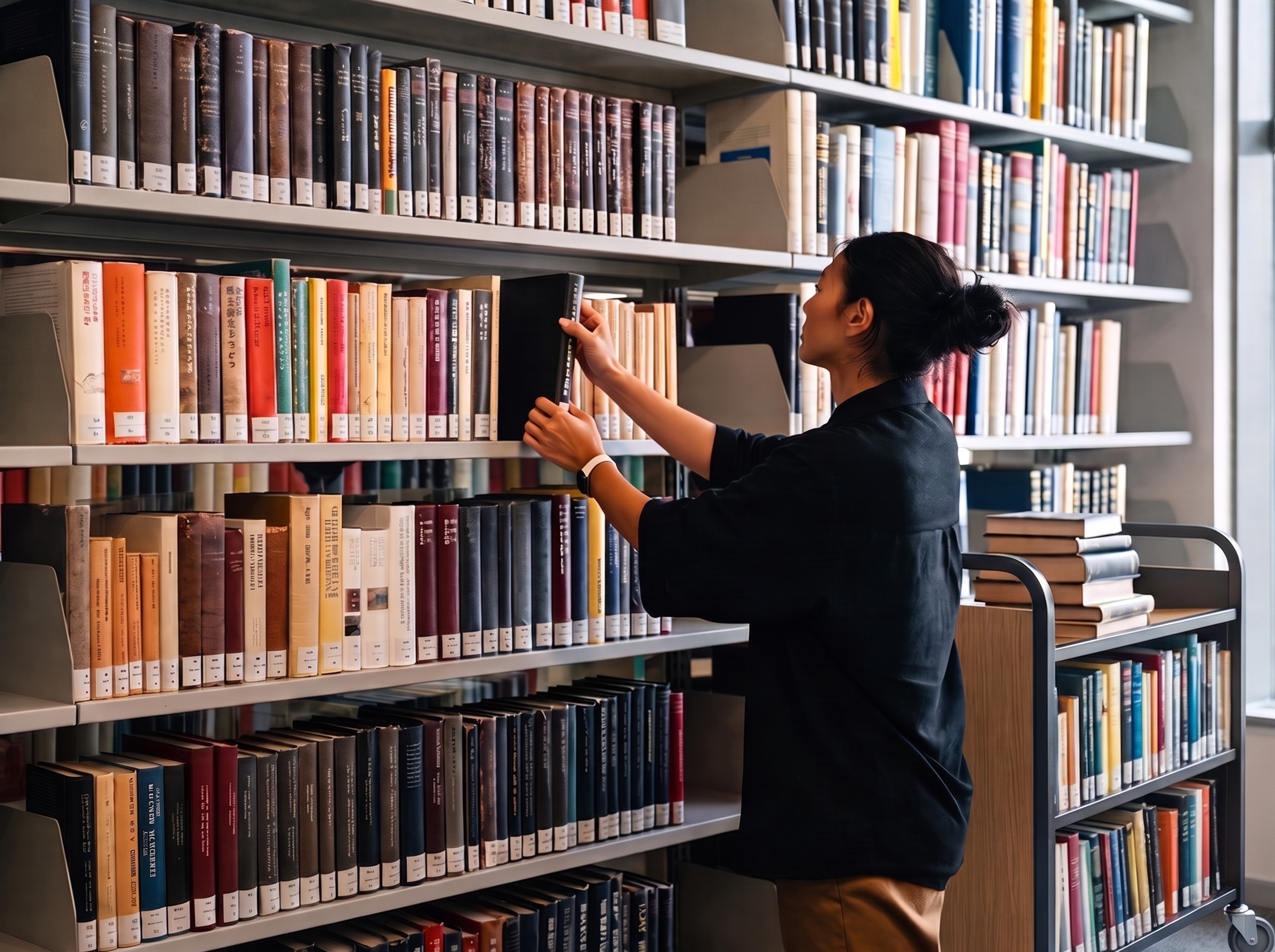 Library staff stand beside a modern wheeled book trolley whose shelves are fully stocked with colourful hardbacks.