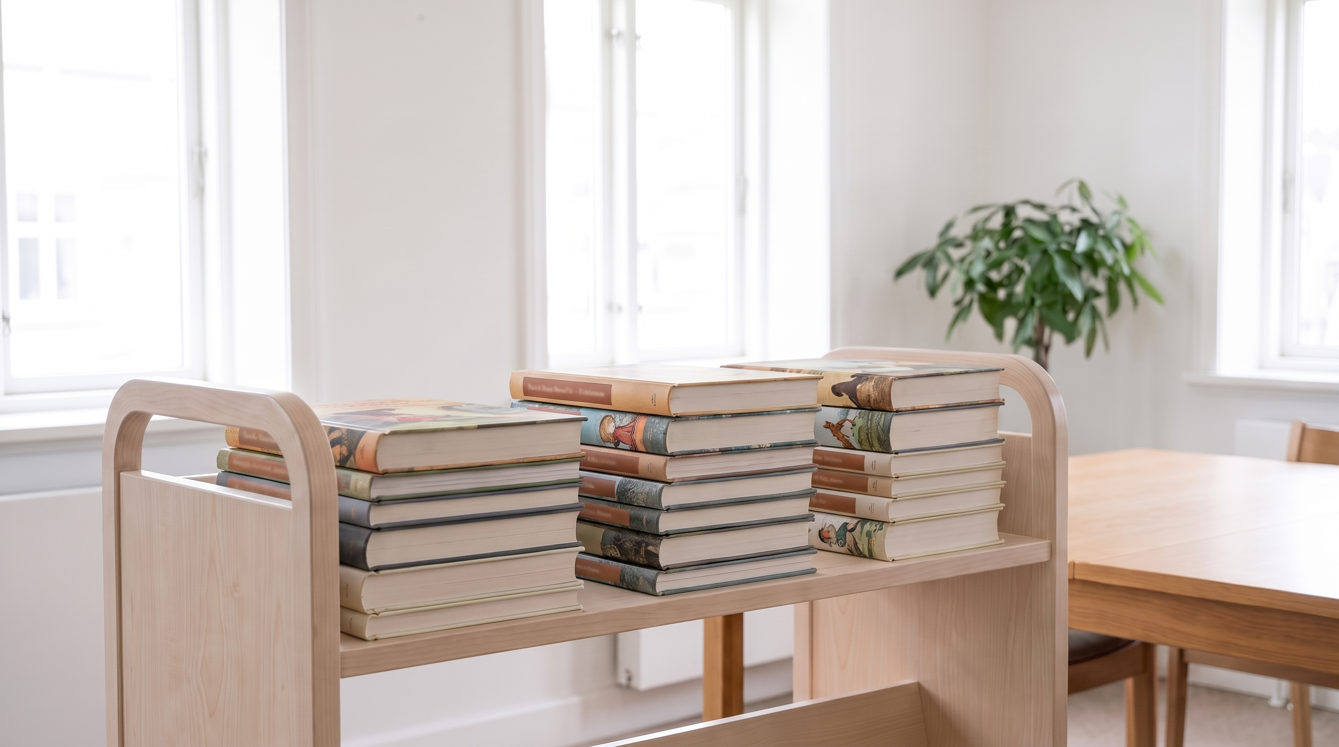 Books on a bookcart in a quiet library office.