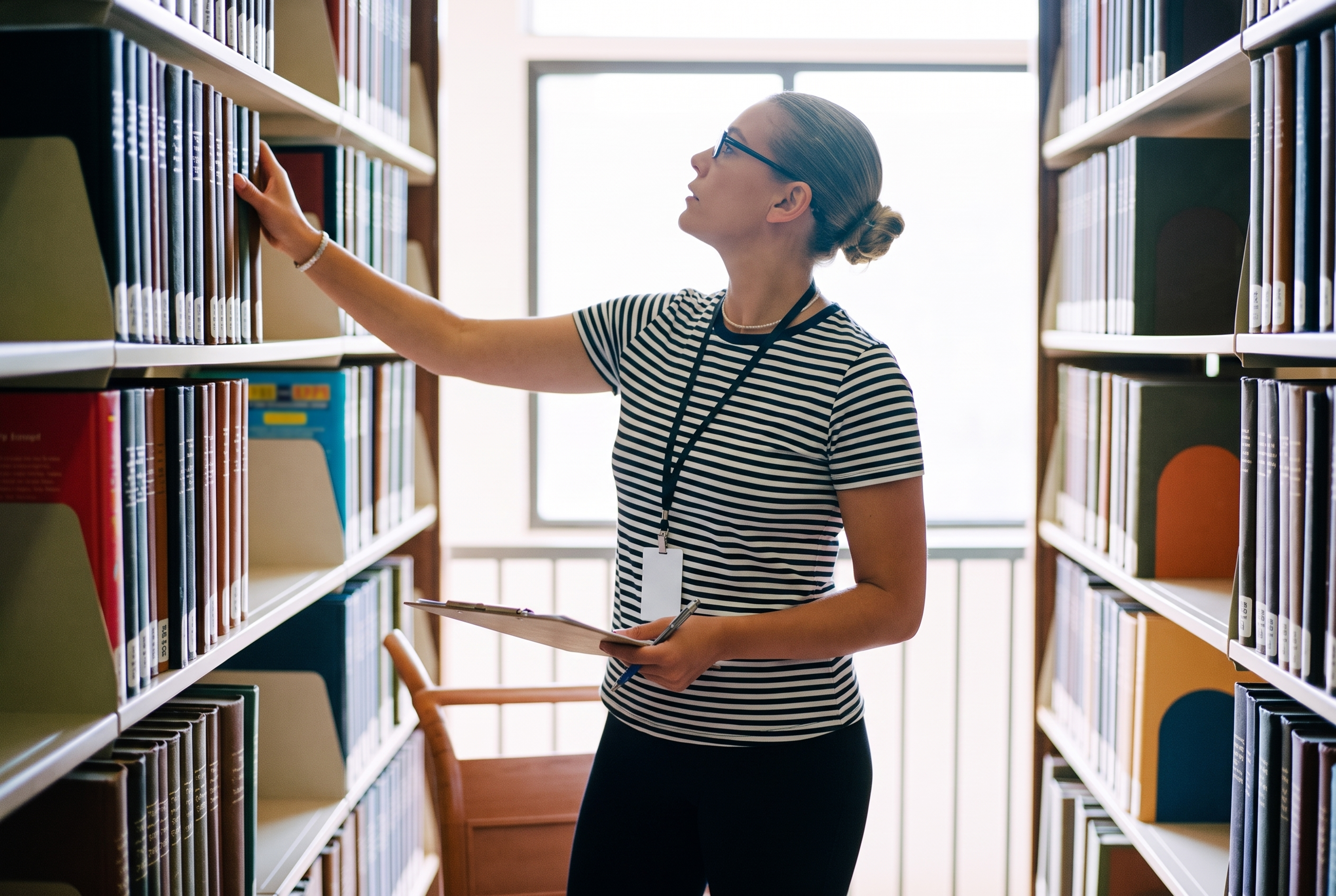 A  staff member auditing a run of teen non-fiction, checking titles along the shelf.