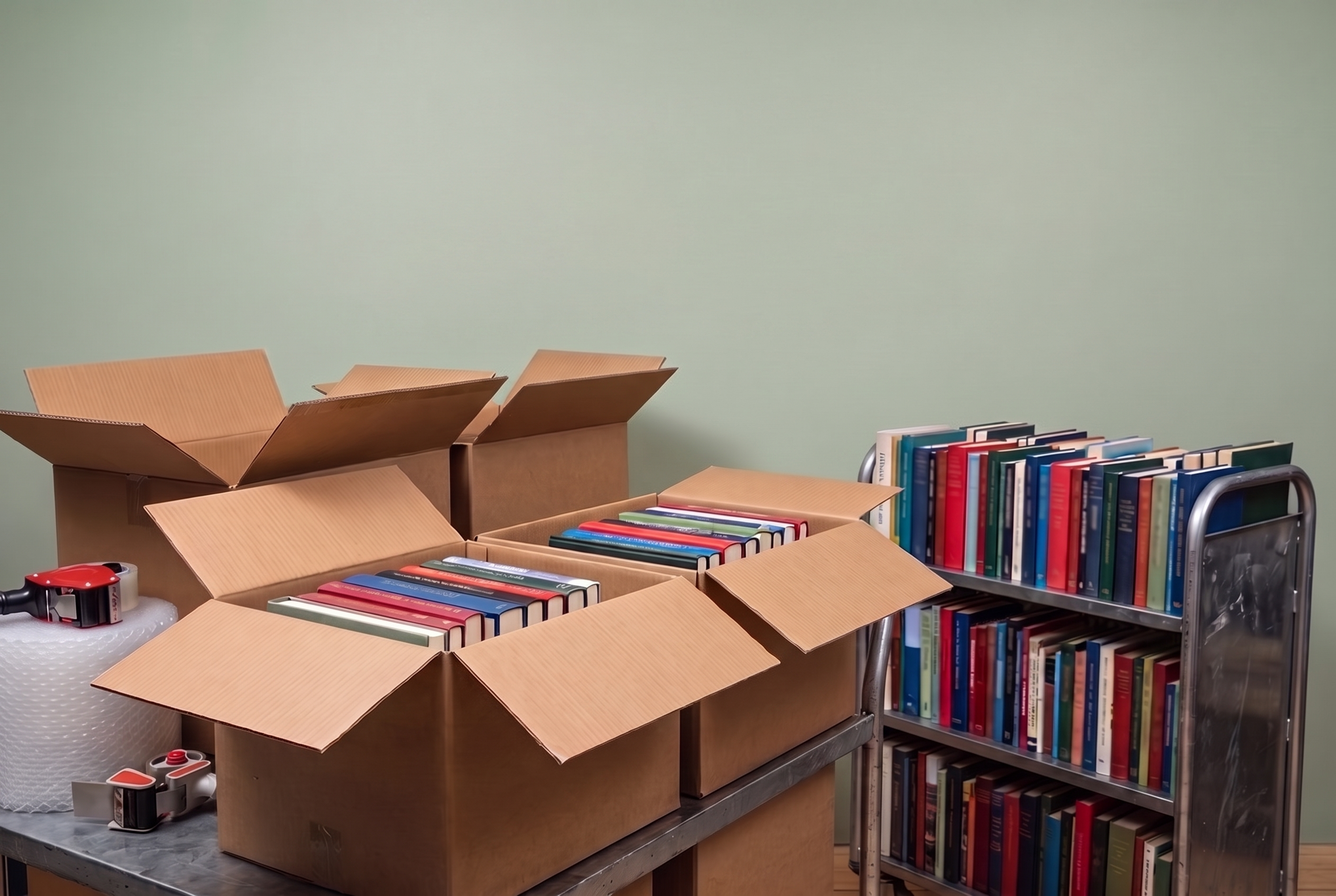 Cardboard cartons part-filled with books and a loaded trolley, packed ready for transfer to other libraries.