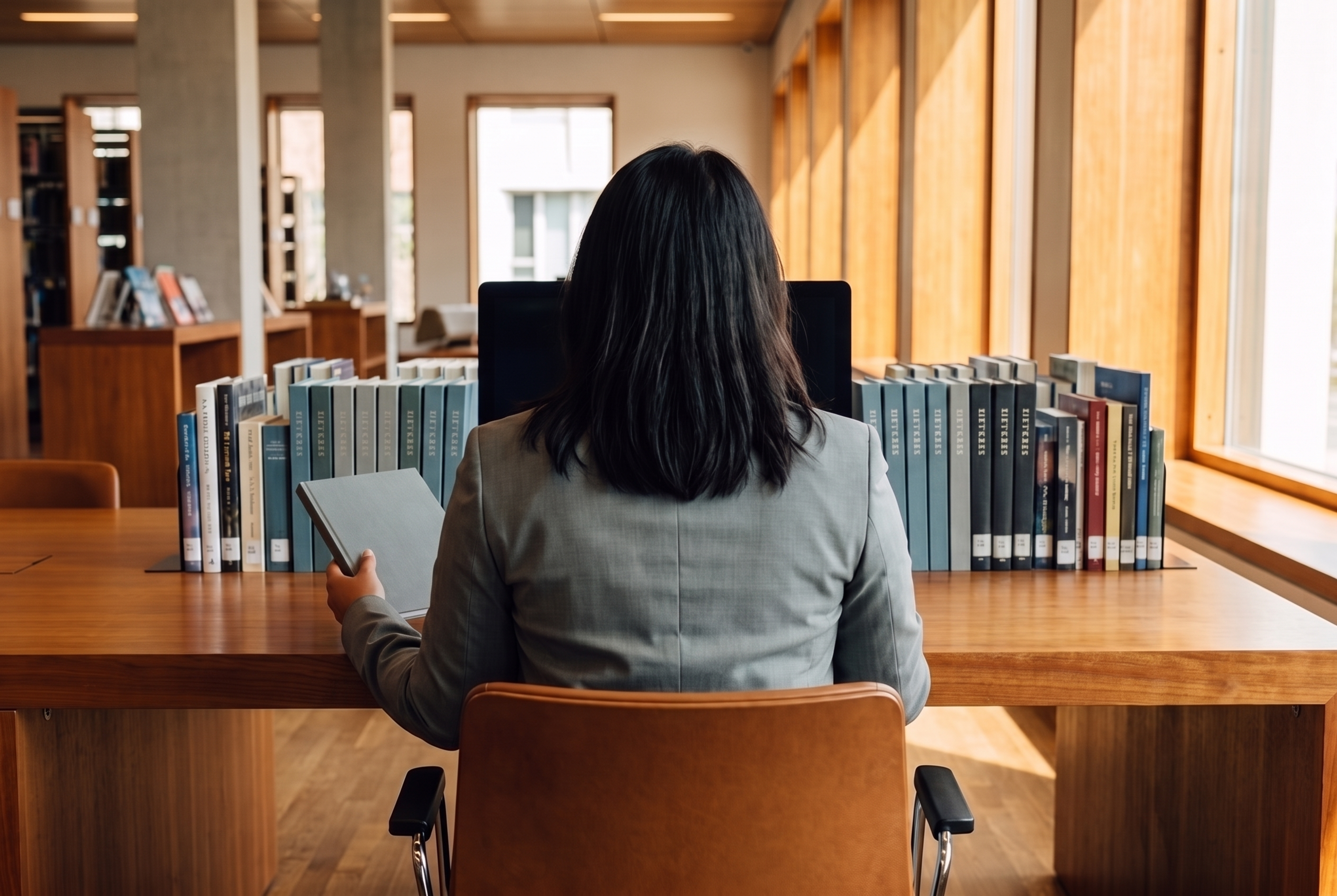 A librarian seen from behind at a long library desk, a row of books stood along the far edge in front of her.
