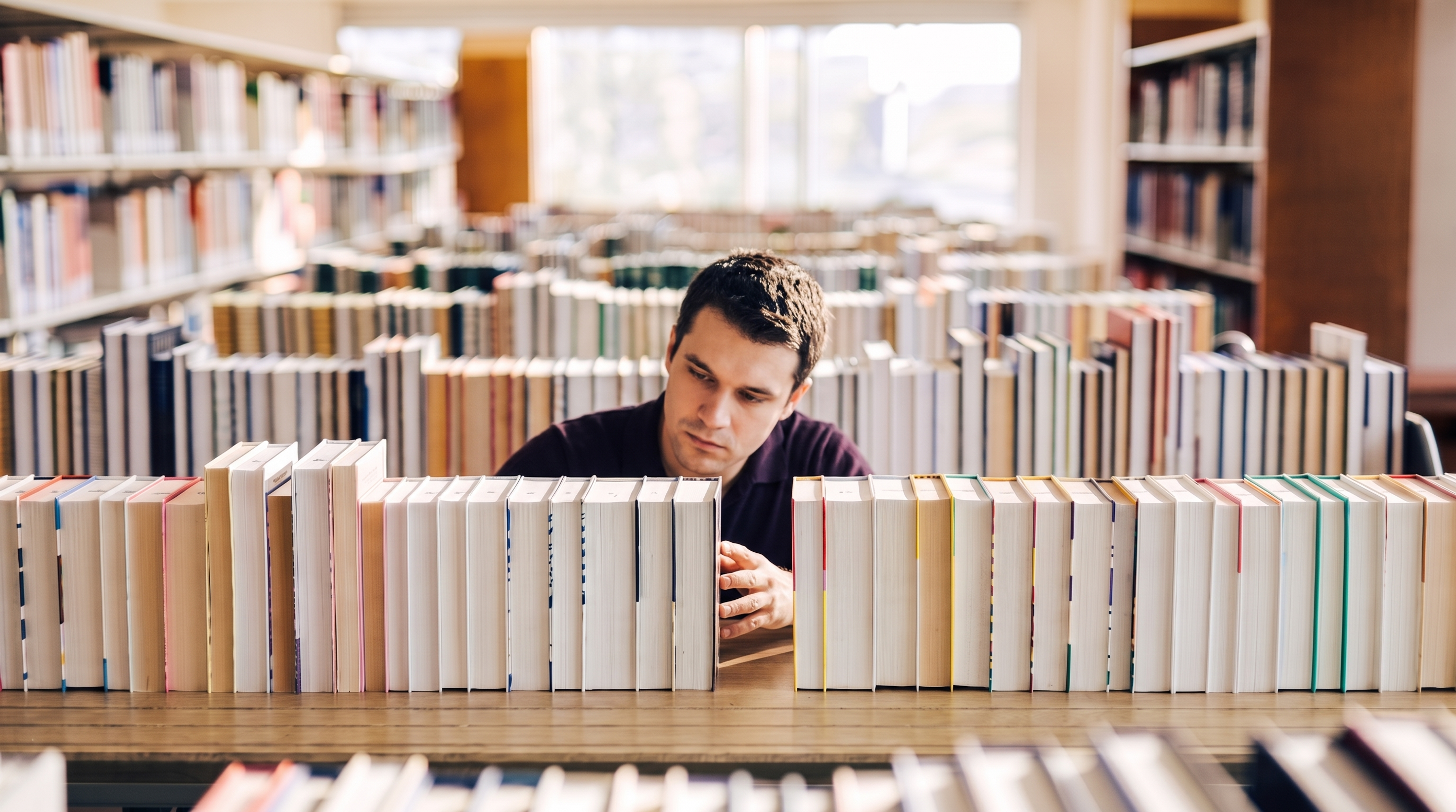 A man faces the camera while reaching for a book, eyes down on the spines beside him as he weighs the choice.