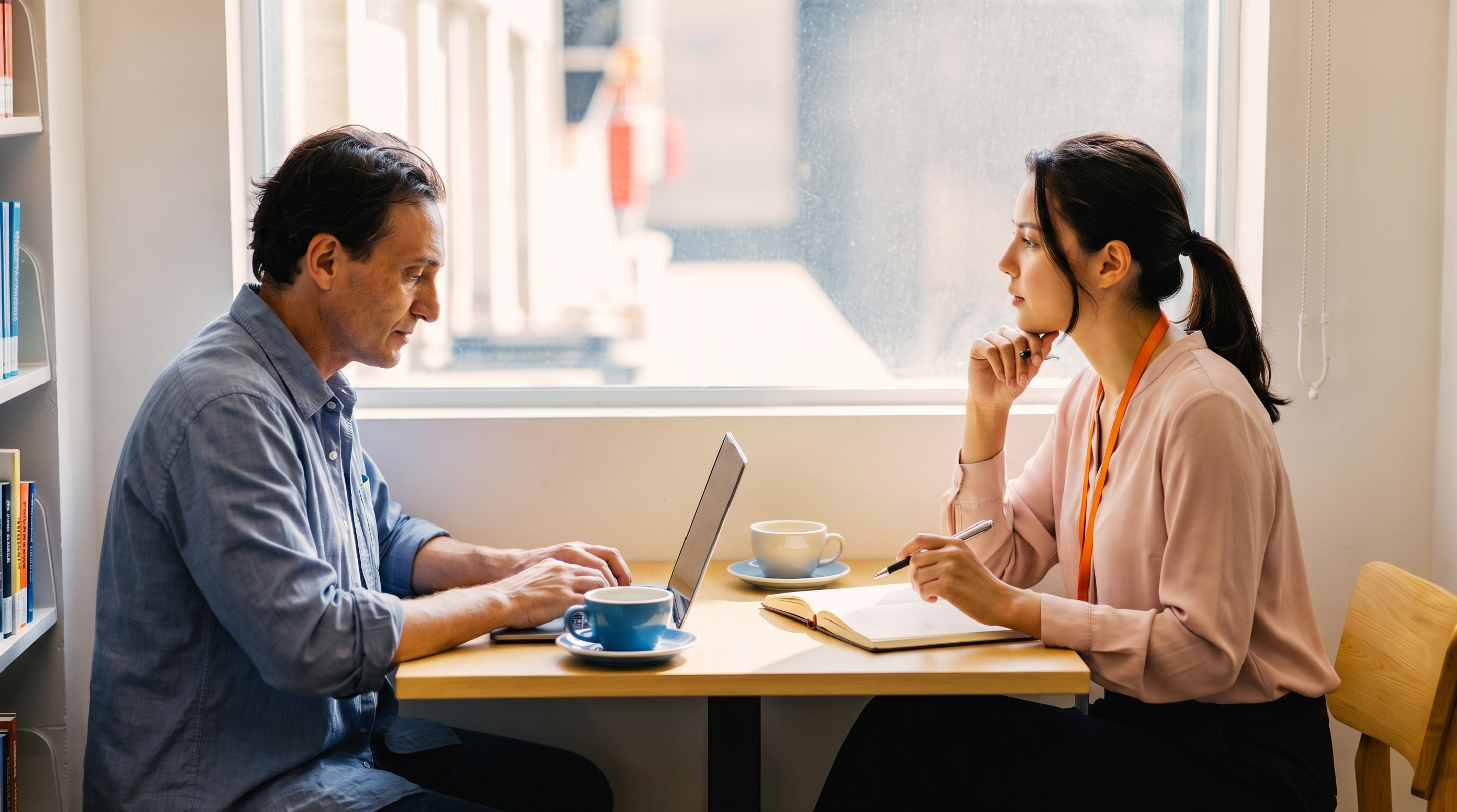 A woman talks with a customer using a laptop, ceramic cups on the table between them.