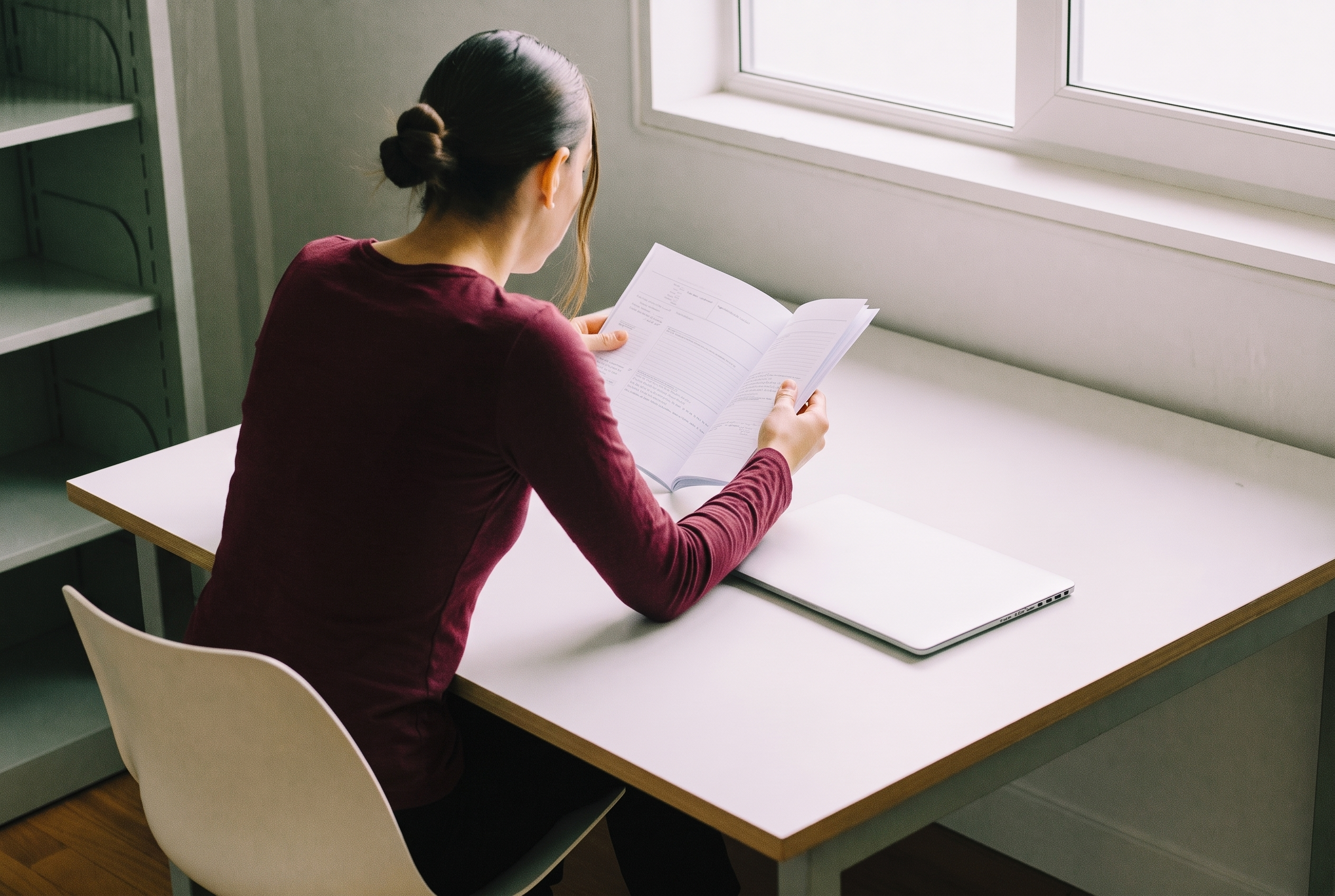 A woman in a burgundy top in a public library.