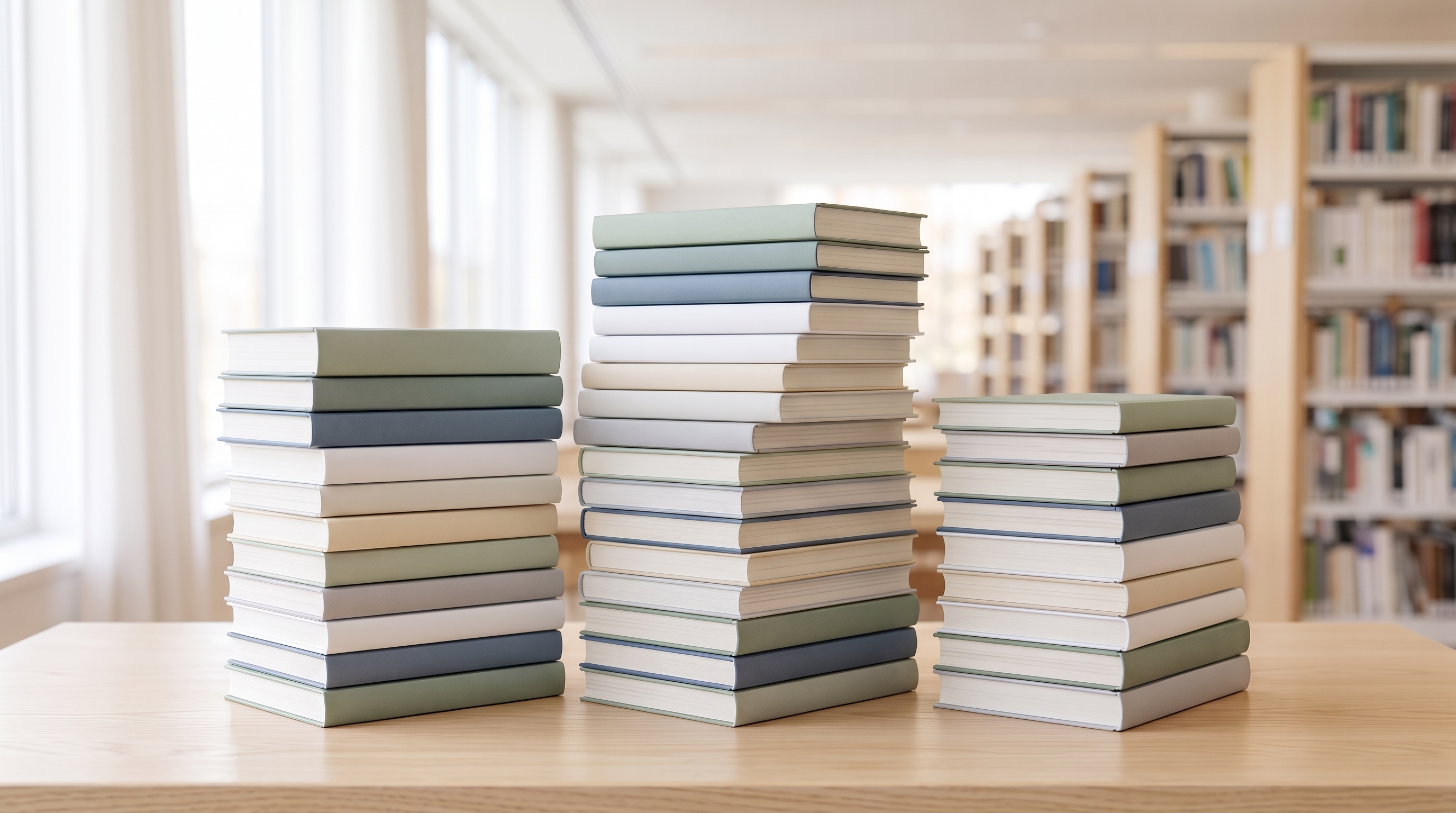 A table with three stacks of books.